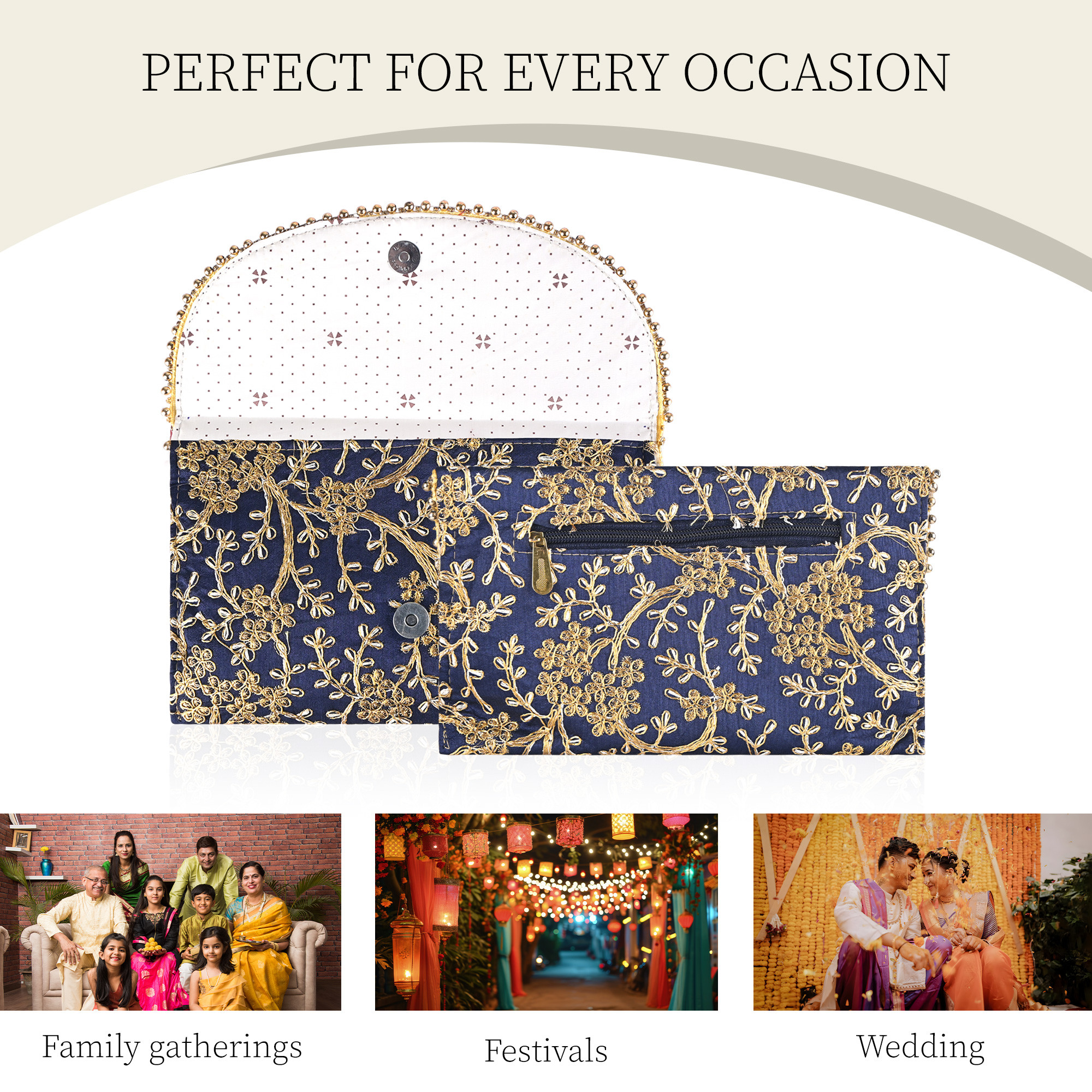 Kuber Industries Polyester Purse for Women with Magnetic Closure  Lightweight  Compact Ladies Purse for Travelling Party Wedding  Events  Moti Design - Blue
