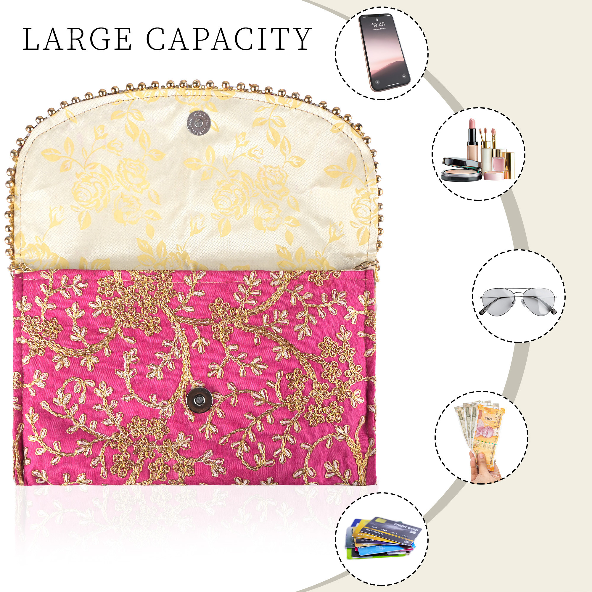 Kuber Industries Polyester Purse for Women with Magnetic Closure  Lightweight  Compact Ladies Purse for Travelling Party Wedding  Events  Moti Design - Pink