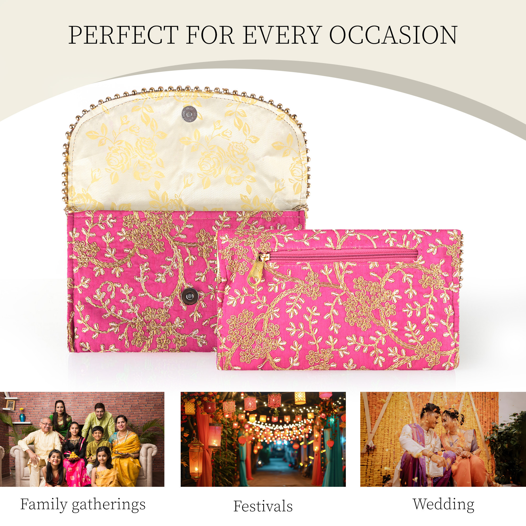 Kuber Industries Polyester Purse for Women with Magnetic Closure  Lightweight  Compact Ladies Purse for Travelling Party Wedding  Events  Moti Design - Pink