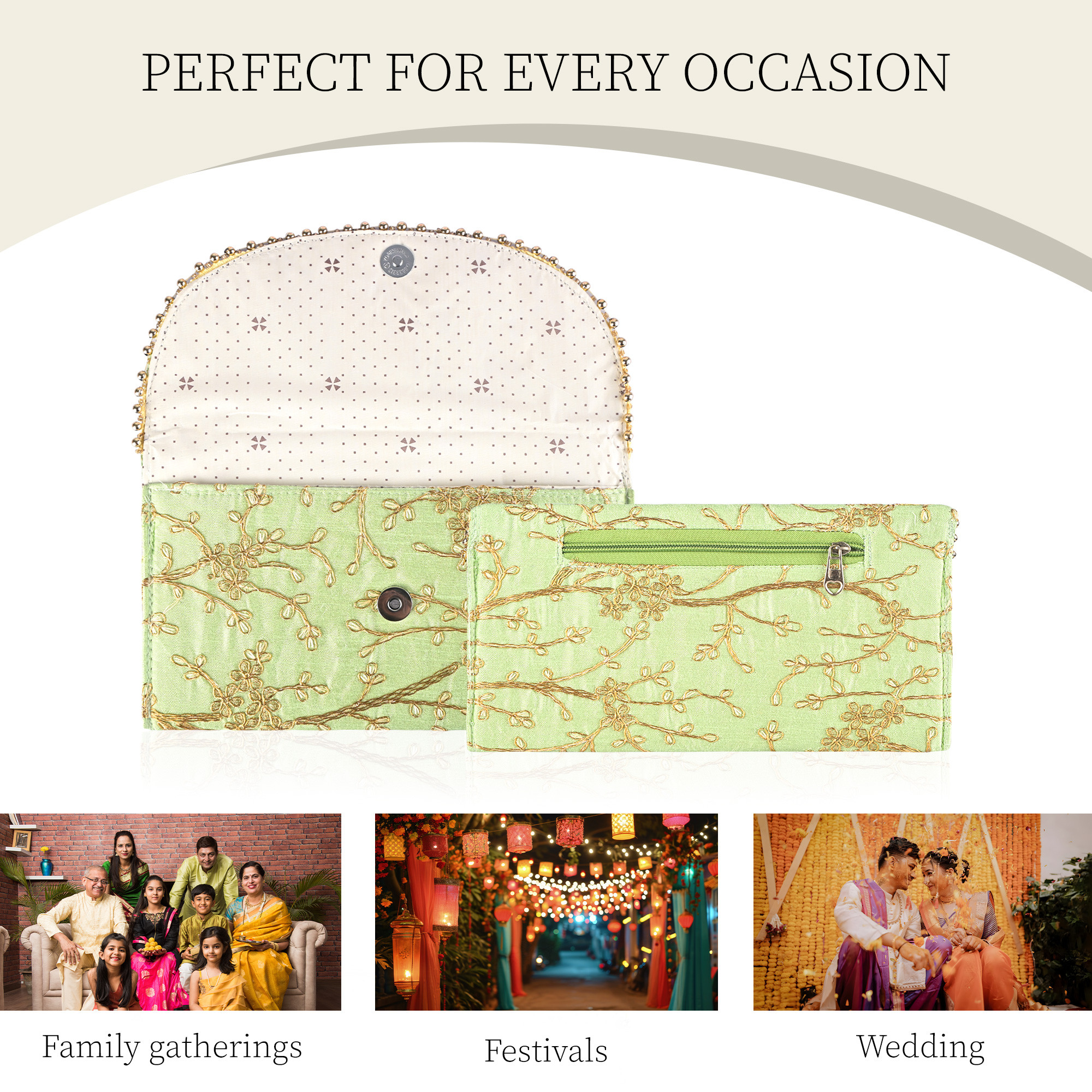 Kuber Industries Polyester Purse for Women with Magnetic Closure  Lightweight  Compact Ladies Purse for Travelling Party Wedding  Events  Moti Design - Green