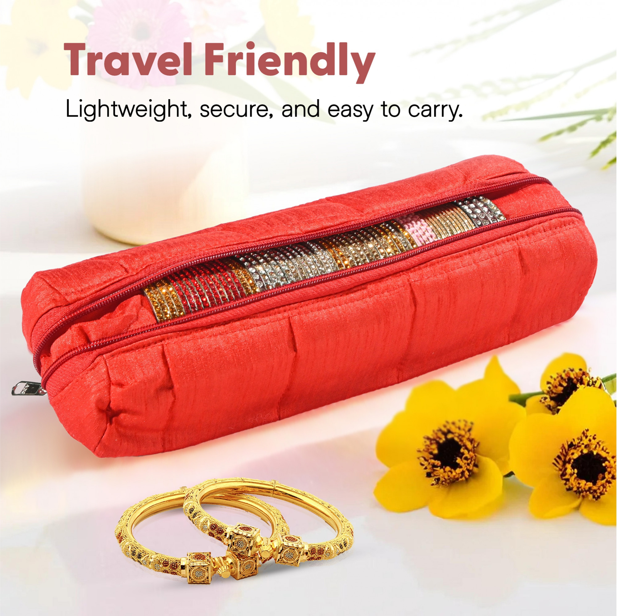 Kuber Industries Polyester Single Rod Bangle Box with Zip  Multipurpose  Travel-Friendly Bridal Watch Organizer for Small Jewellery Bracelets and Chudi  Red