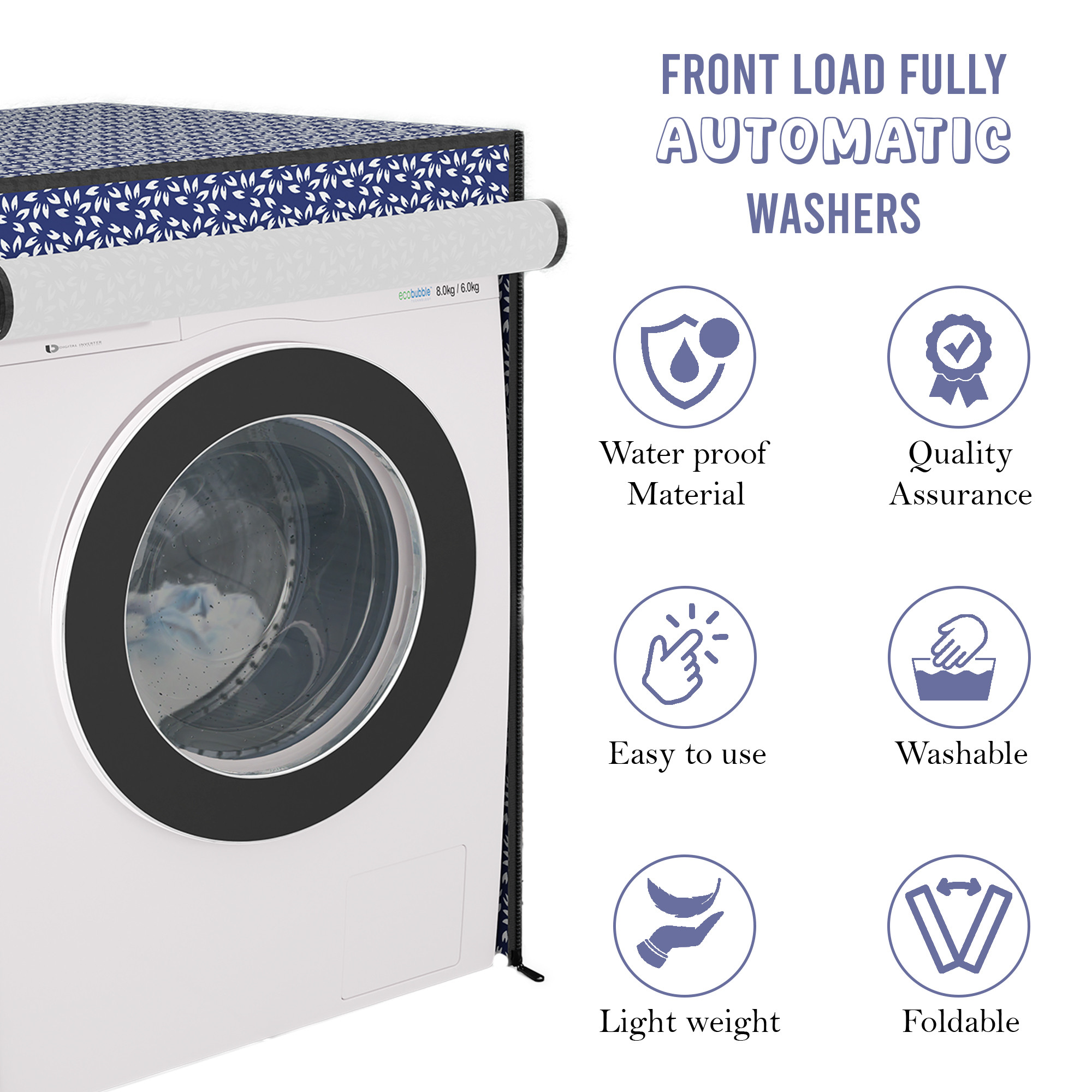 Kuber Industries Polyester Washing Machine Cover Front Load for IFB Compatible for 6 Kg65 Kg7 Kg75 Kg  Waterproof  Dust-Proof Washing Machine Cover with Zip Closure  Leaf- Blue White