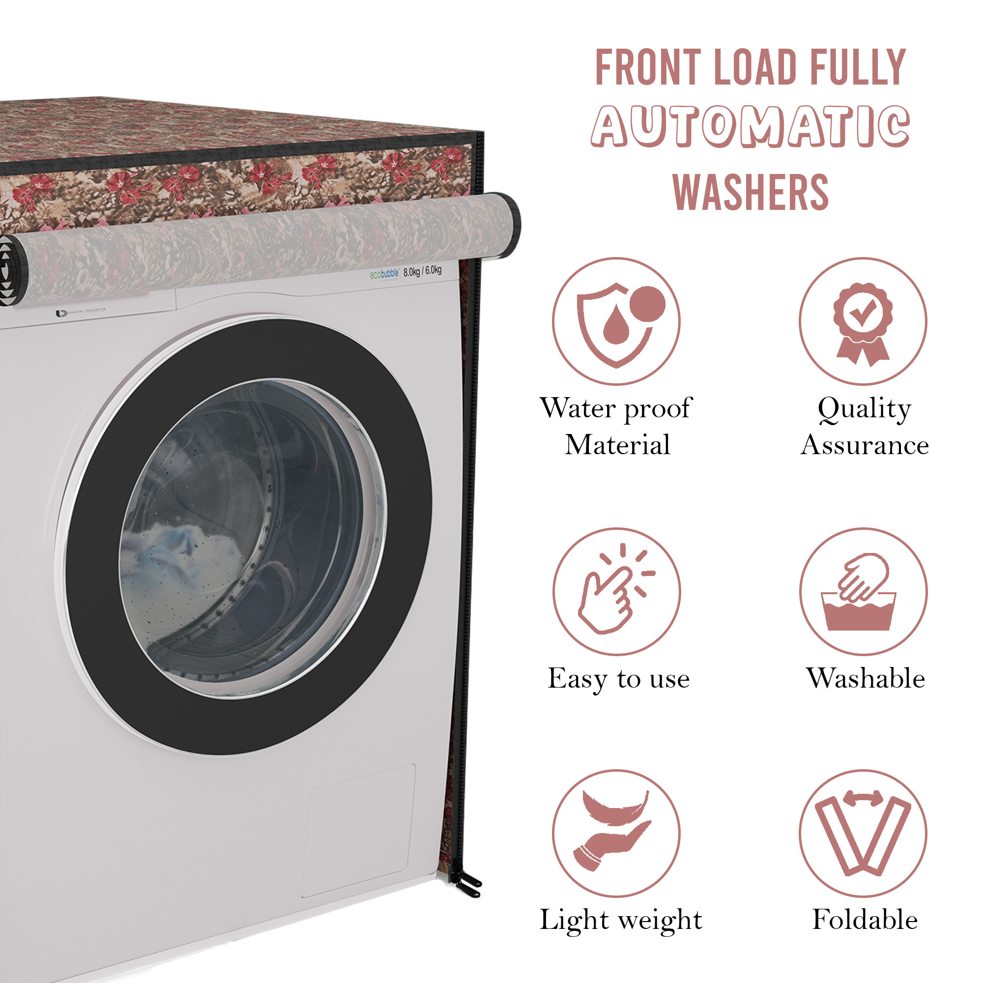 Kuber Industries Polyester Washing Machine Cover Front Load for IFB Compatible for 6 Kg65 Kg7 Kg75 Kg  Waterproof  Dust-Proof Washing Machine Cover with Zip Closure  Gulab - Brown Red