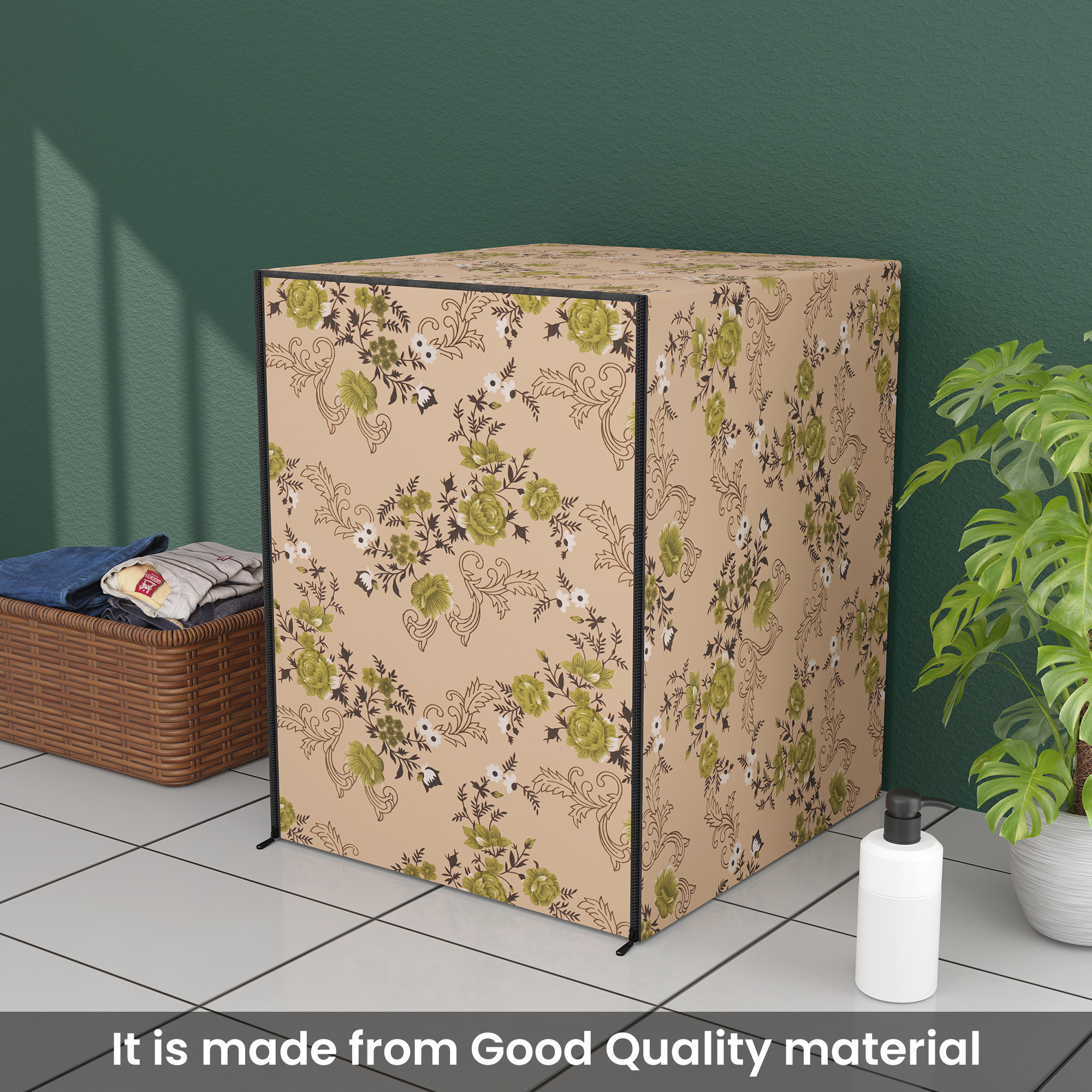 Kuber Industries Polyester Washing Machine Cover Front Load for IFB Compatible for 6 Kg65 Kg7 Kg75 Kg  Waterproof  Dust-Proof Washing Machine Cover with Zip Closure  Flower - Beige Green