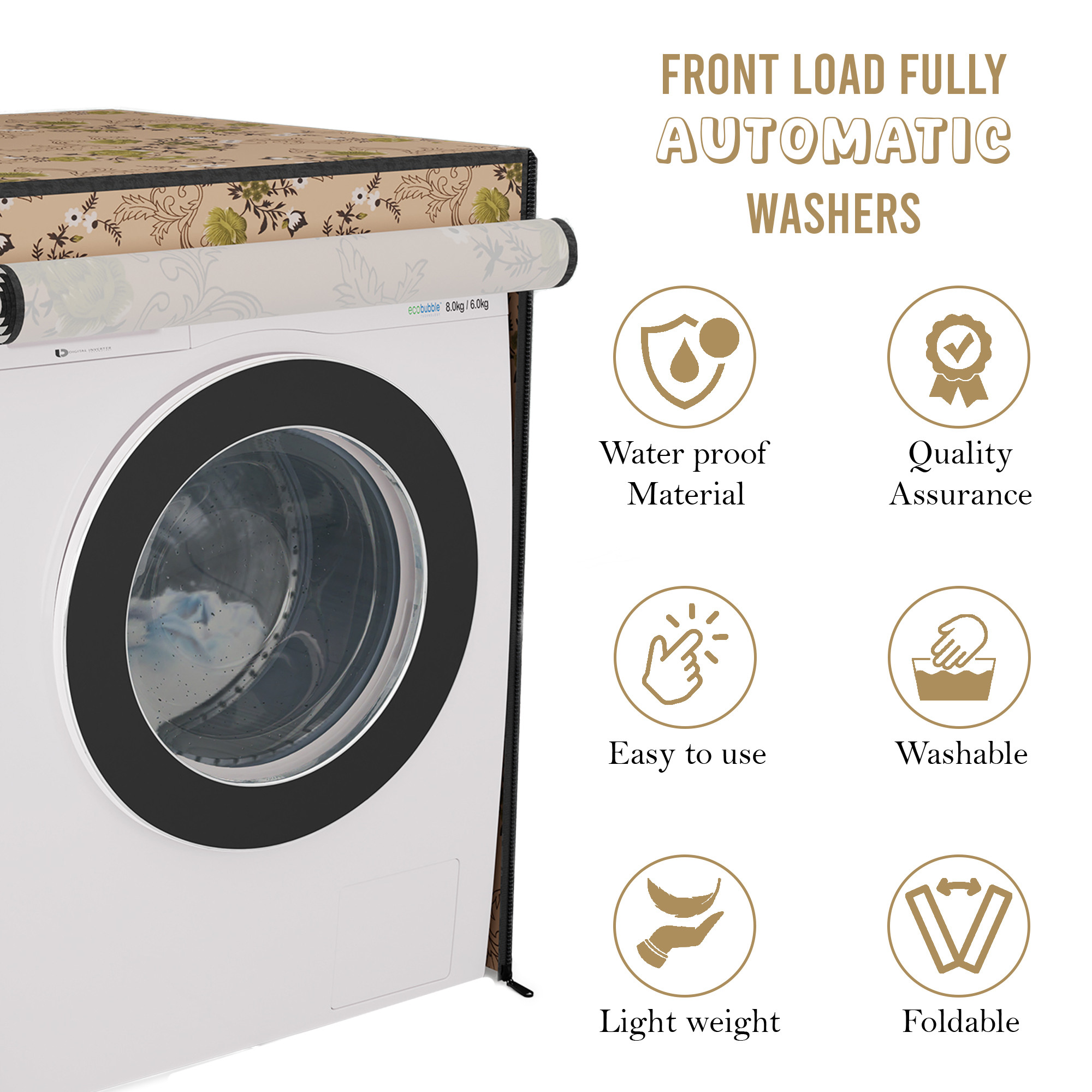Kuber Industries Polyester Washing Machine Cover Front Load for IFB Compatible for 6 Kg65 Kg7 Kg75 Kg  Waterproof  Dust-Proof Washing Machine Cover with Zip Closure  Flower - Beige Green