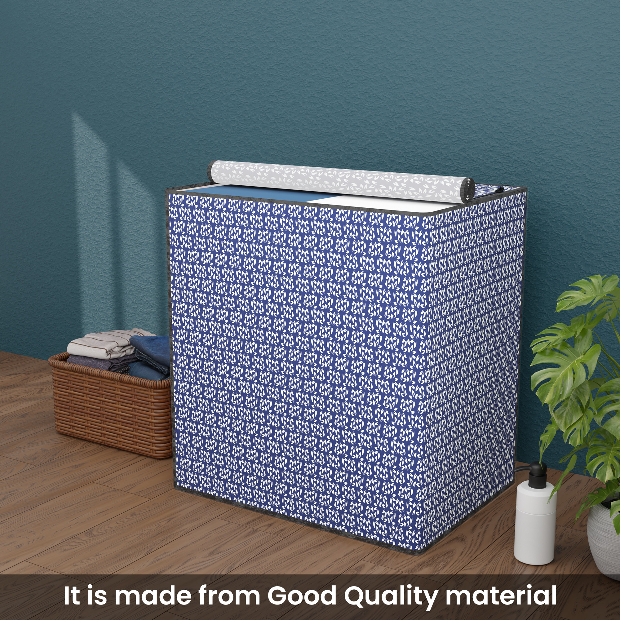 Kuber Industries Polyester Washing Machine Cover Semi Automatic Compatible for 6 Kg65 Kg7 Kg75 Kg  Waterproof  Dust-Proof Washing Machine Cover with Zip Closure  Leaf- Blue White