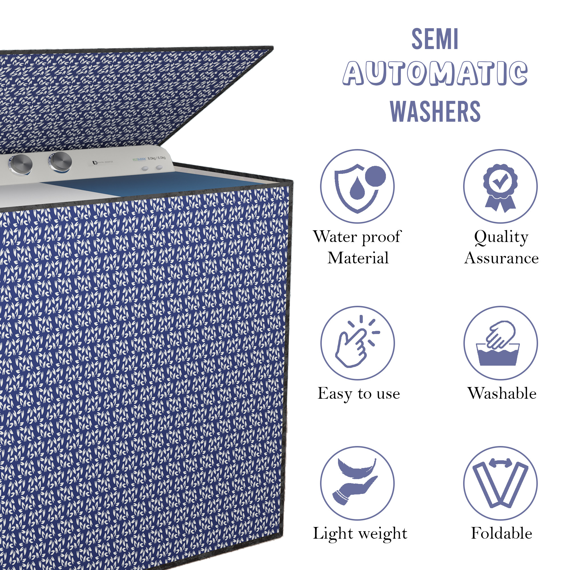 Kuber Industries Polyester Washing Machine Cover Semi Automatic Compatible for 6 Kg65 Kg7 Kg75 Kg  Waterproof  Dust-Proof Washing Machine Cover with Zip Closure  Leaf- Blue White