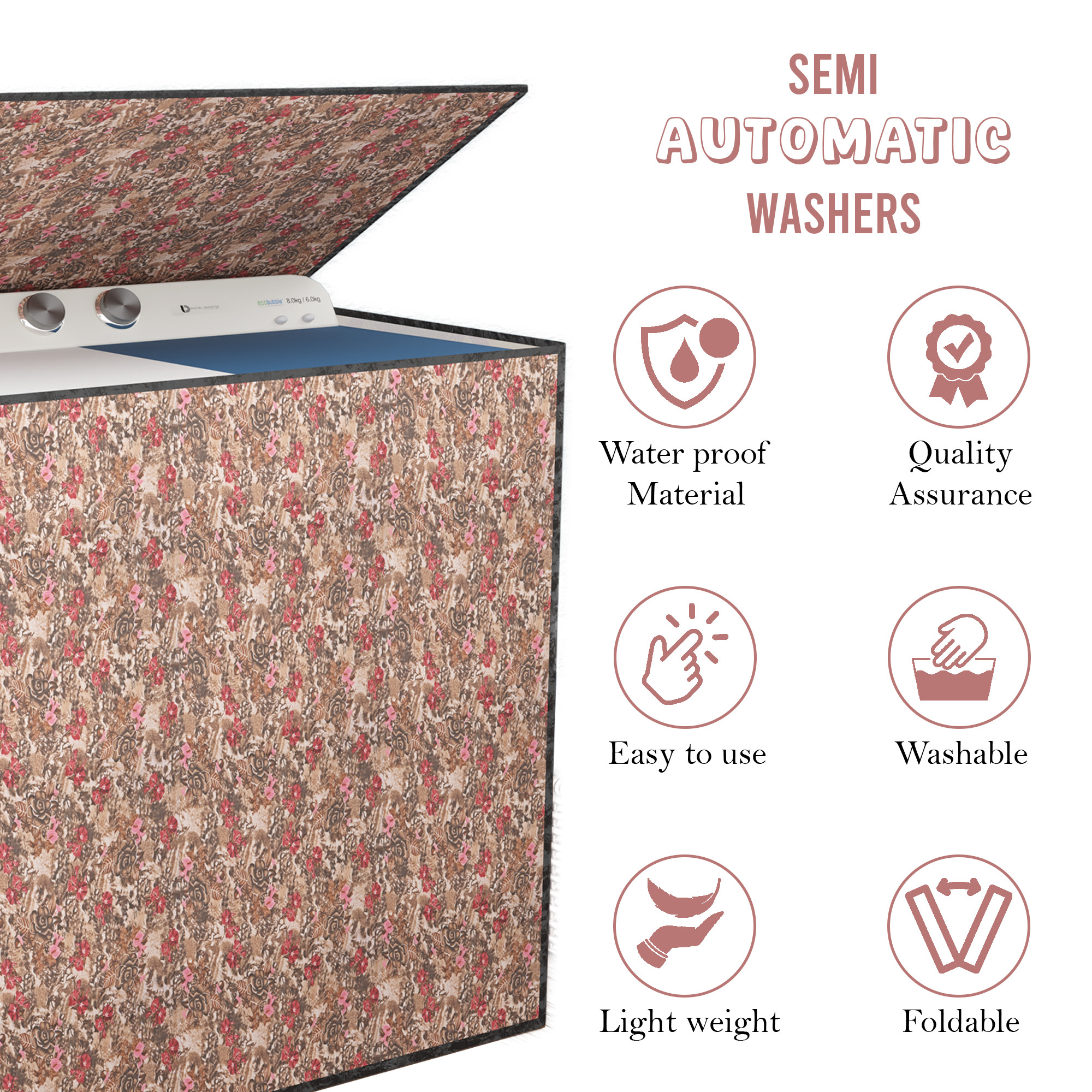 Kuber Industries Polyester Washing Machine Cover Semi Automatic Compatible for 6 Kg65 Kg7 Kg75 Kg  Waterproof  Dust-Proof Washing Machine Cover with Zip Closure  Gulab - Brown Red