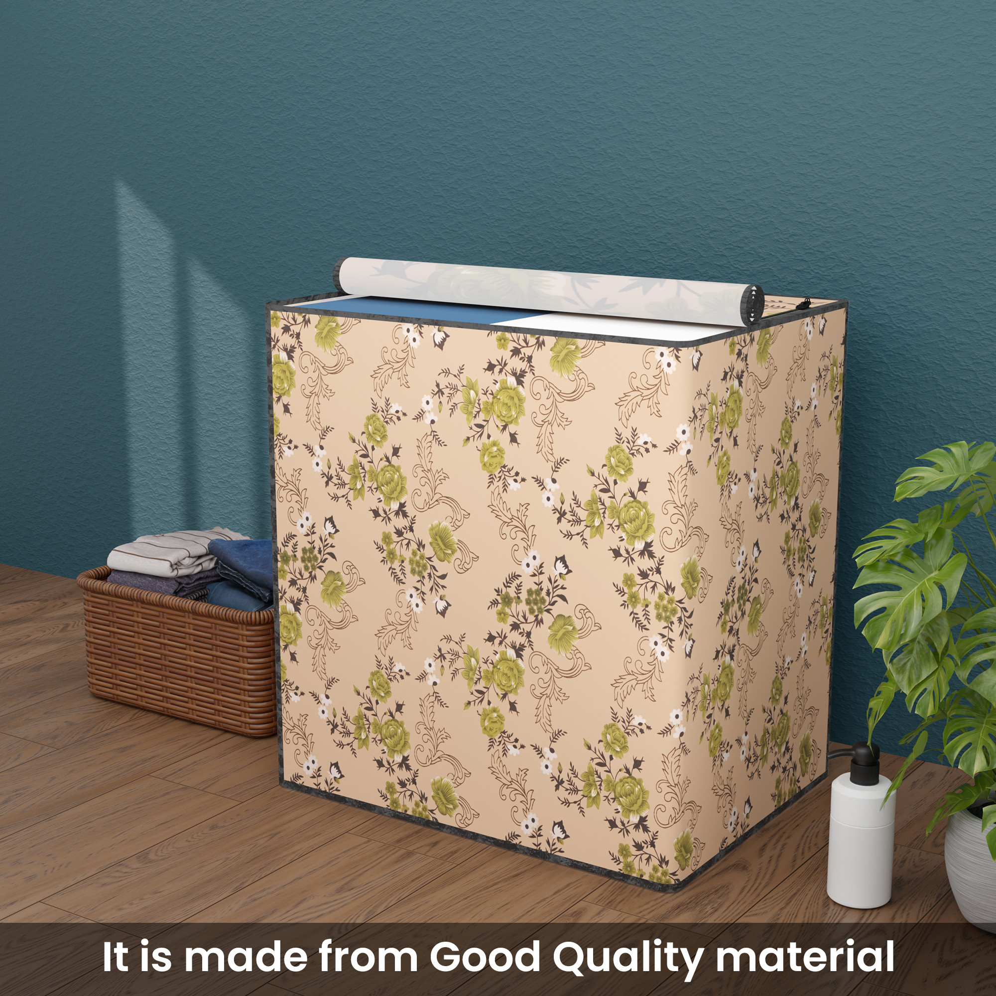 Kuber Industries Polyester Washing Machine Cover Semi Automatic Compatible for 6 Kg65 Kg7 Kg75 Kg  Waterproof  Dust-Proof Washing Machine Cover with Zip Closure  Flower -Beige Green