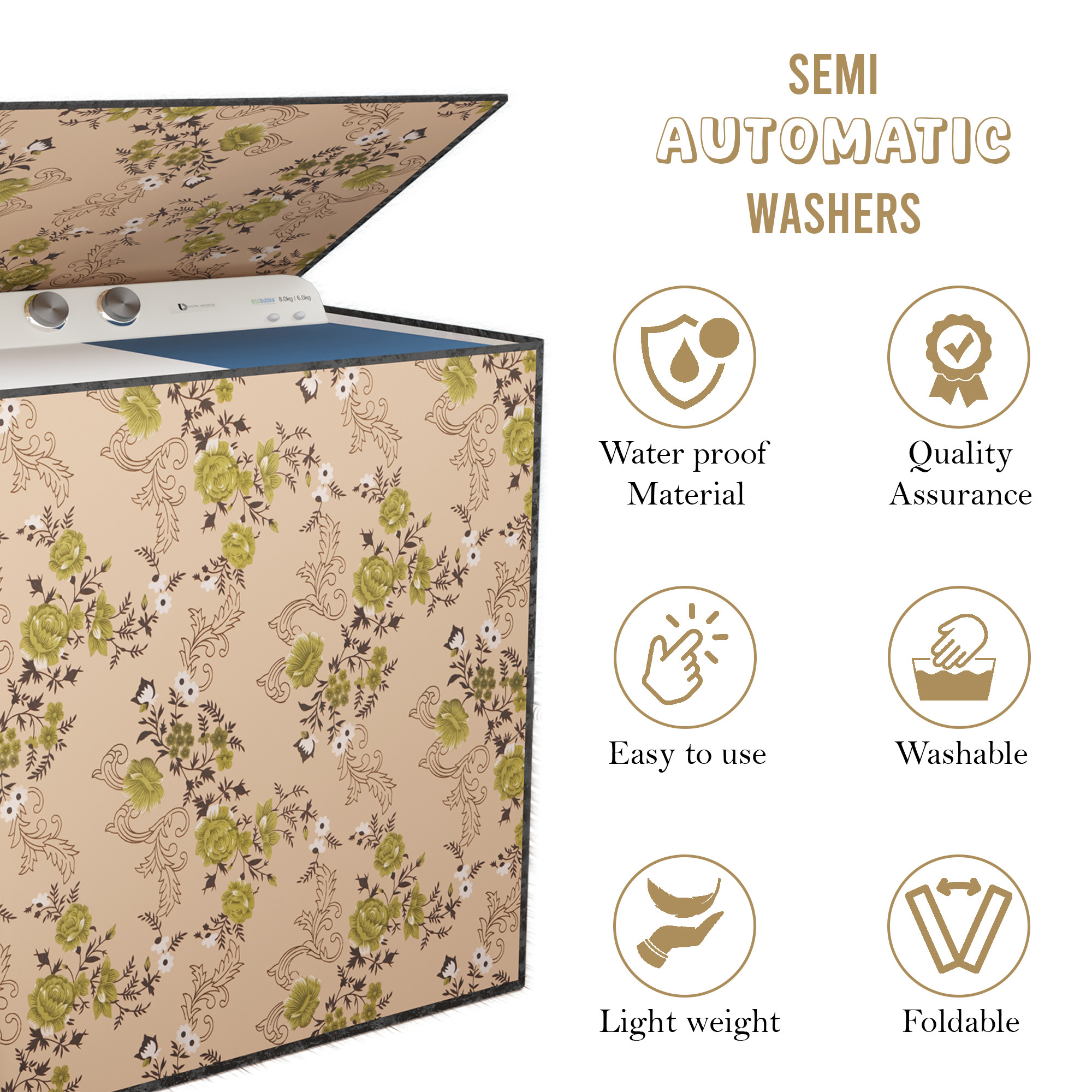 Kuber Industries Polyester Washing Machine Cover Semi Automatic Compatible for 6 Kg65 Kg7 Kg75 Kg  Waterproof  Dust-Proof Washing Machine Cover with Zip Closure  Flower -Beige Green
