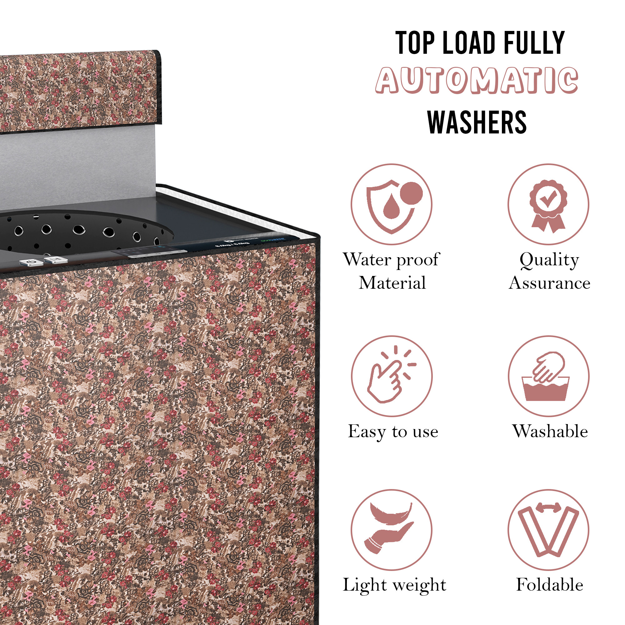 Kuber Industries Polyester Washing Machine Cover Top Load Fully Automatic 950 Kg  Waterproof  Dust-Proof Washing Machine Cover with Zip Closure  Gulab - Brown Red
