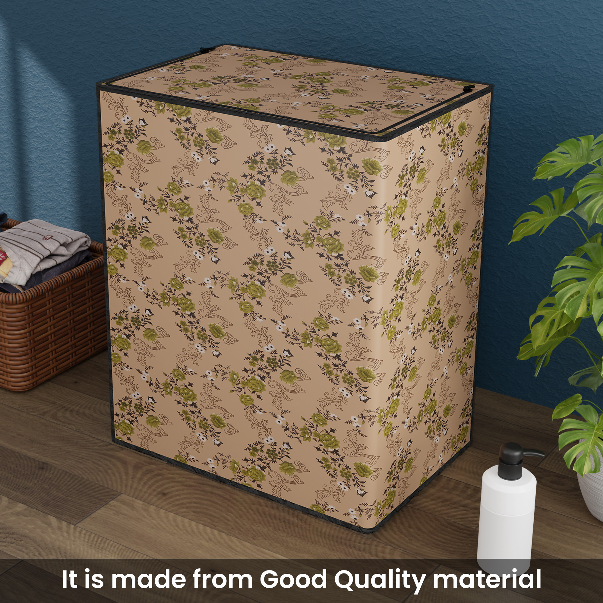 Kuber Industries Polyester Washing Machine Cover Top Load Fully Automatic 950 Kg  Waterproof  Dust-Proof Washing Machine Cover with Zip Closure  Flower - Beige Green