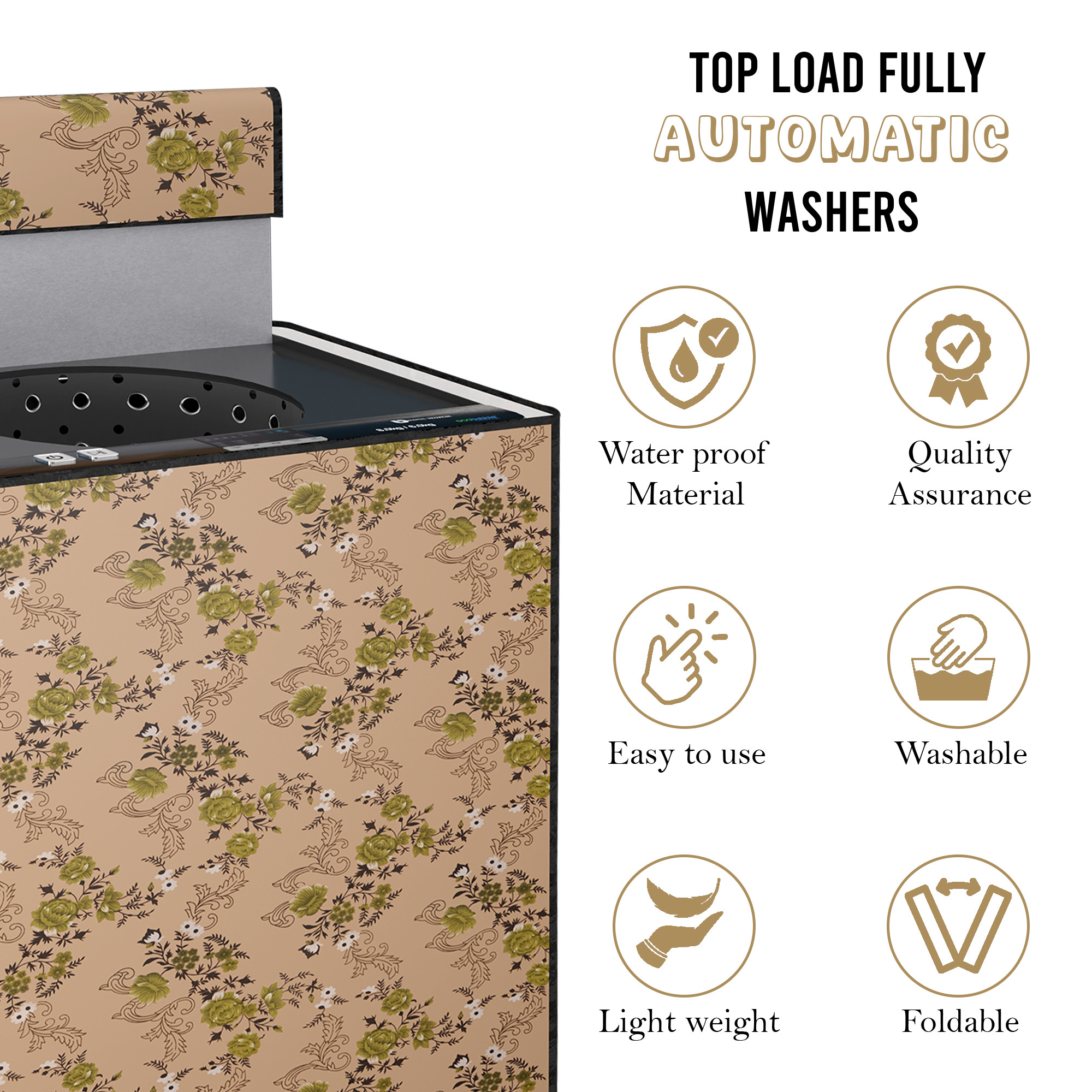 Kuber Industries Polyester Washing Machine Cover Top Load Fully Automatic 950 Kg  Waterproof  Dust-Proof Washing Machine Cover with Zip Closure  Flower - Beige Green