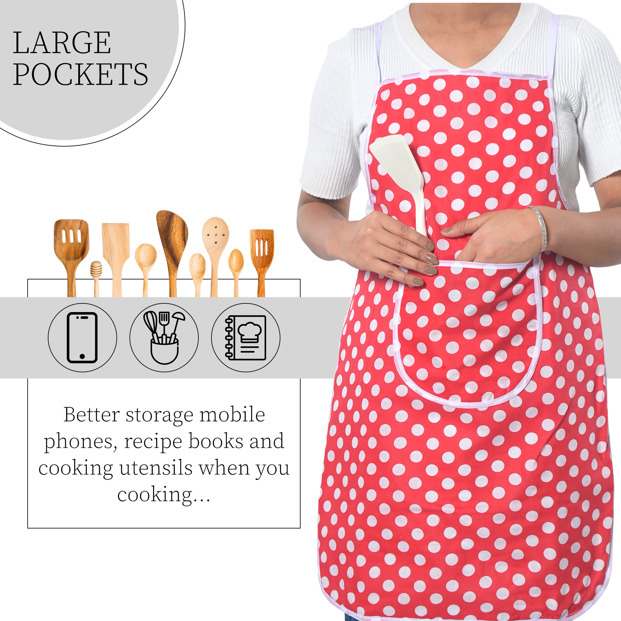 Kuber Industries Polyester Water-Resistant Apron for Kitchen with Center Pocket  Cooking Aprons for Women  Men - Ideal for Home  Restaurant  Dot Print - Red