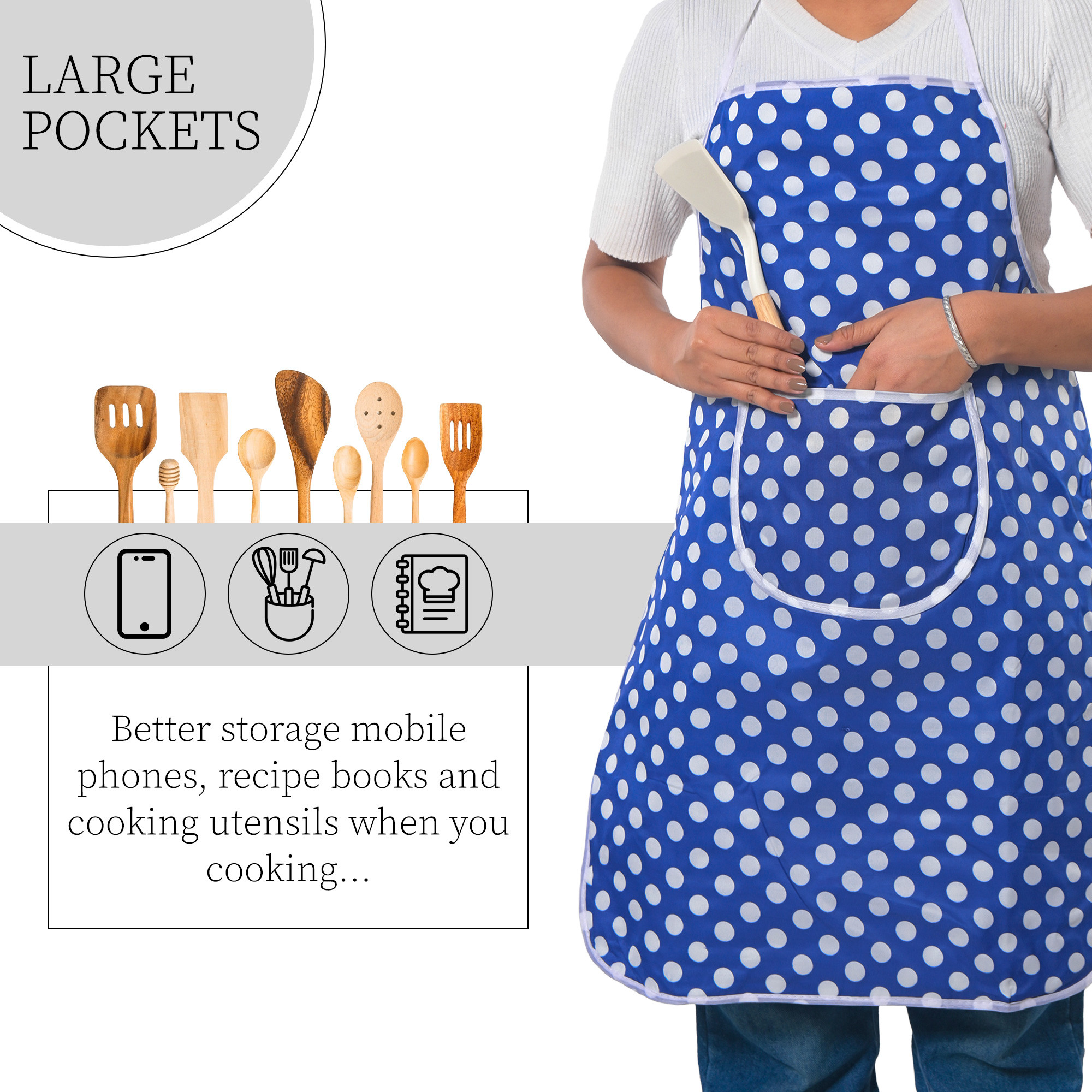 Kuber Industries Polyester Water-Resistant Apron for Kitchen with Center Pocket  Cooking Aprons for Women  Men - Ideal for Home  Restaurant  Dot Print - Blue
