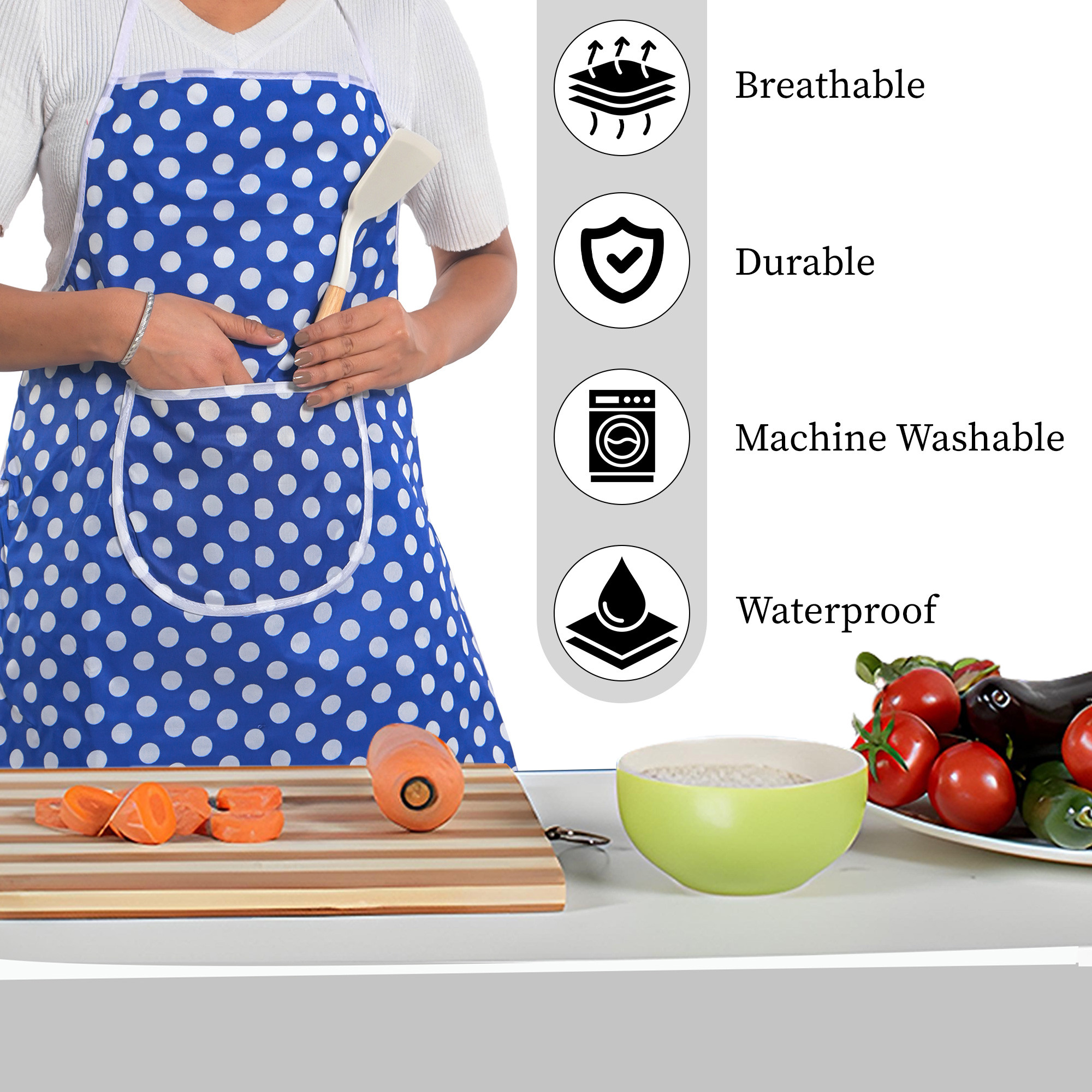 Kuber Industries Polyester Water-Resistant Apron for Kitchen with Center Pocket  Cooking Aprons for Women  Men - Ideal for Home  Restaurant  Dot Print - Blue