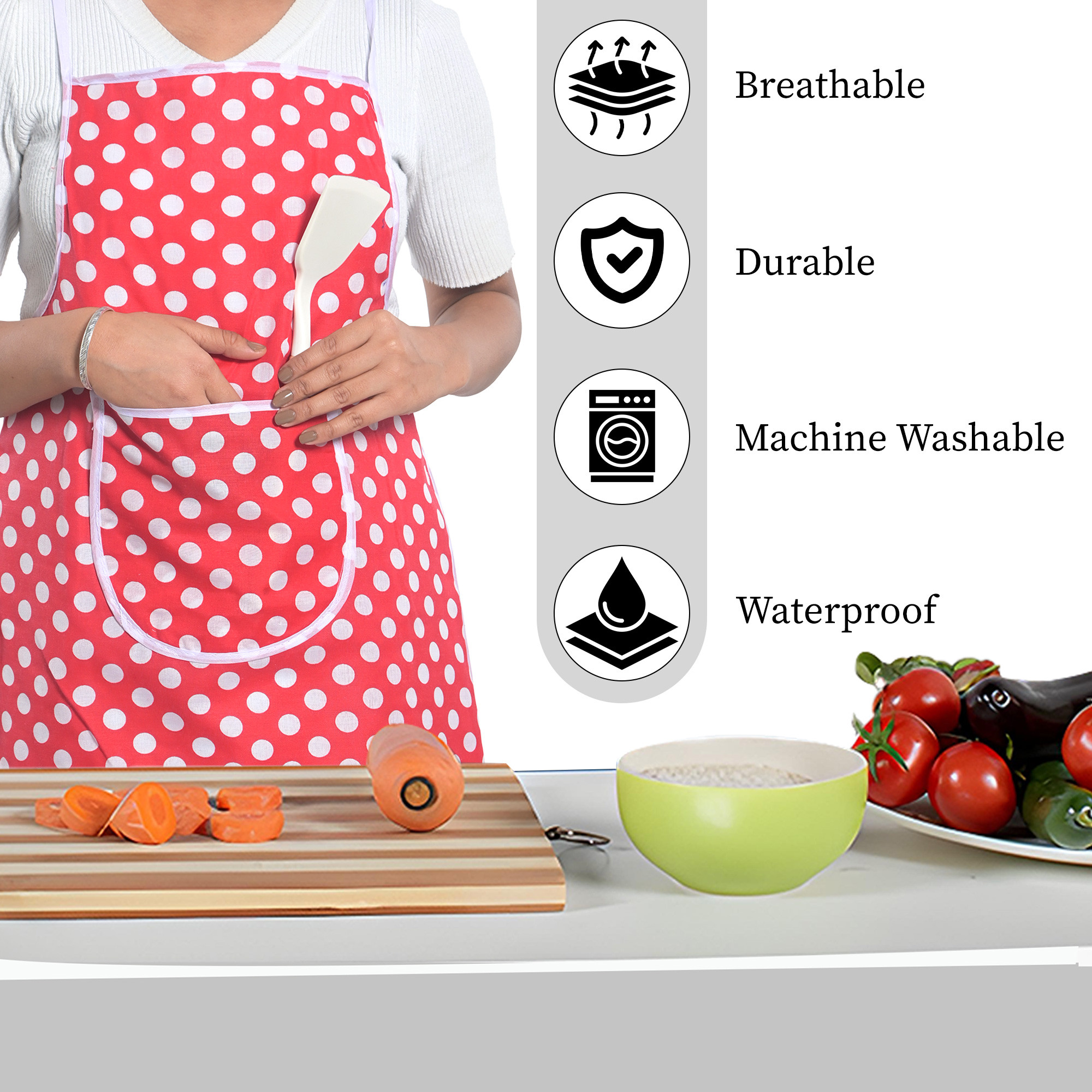 Kuber Industries Polyester Water-Resistant Apron for Kitchen with Center Pocket  Cooking Aprons for Women  Men - Ideal for Home  Restaurant  Dot Print - Red