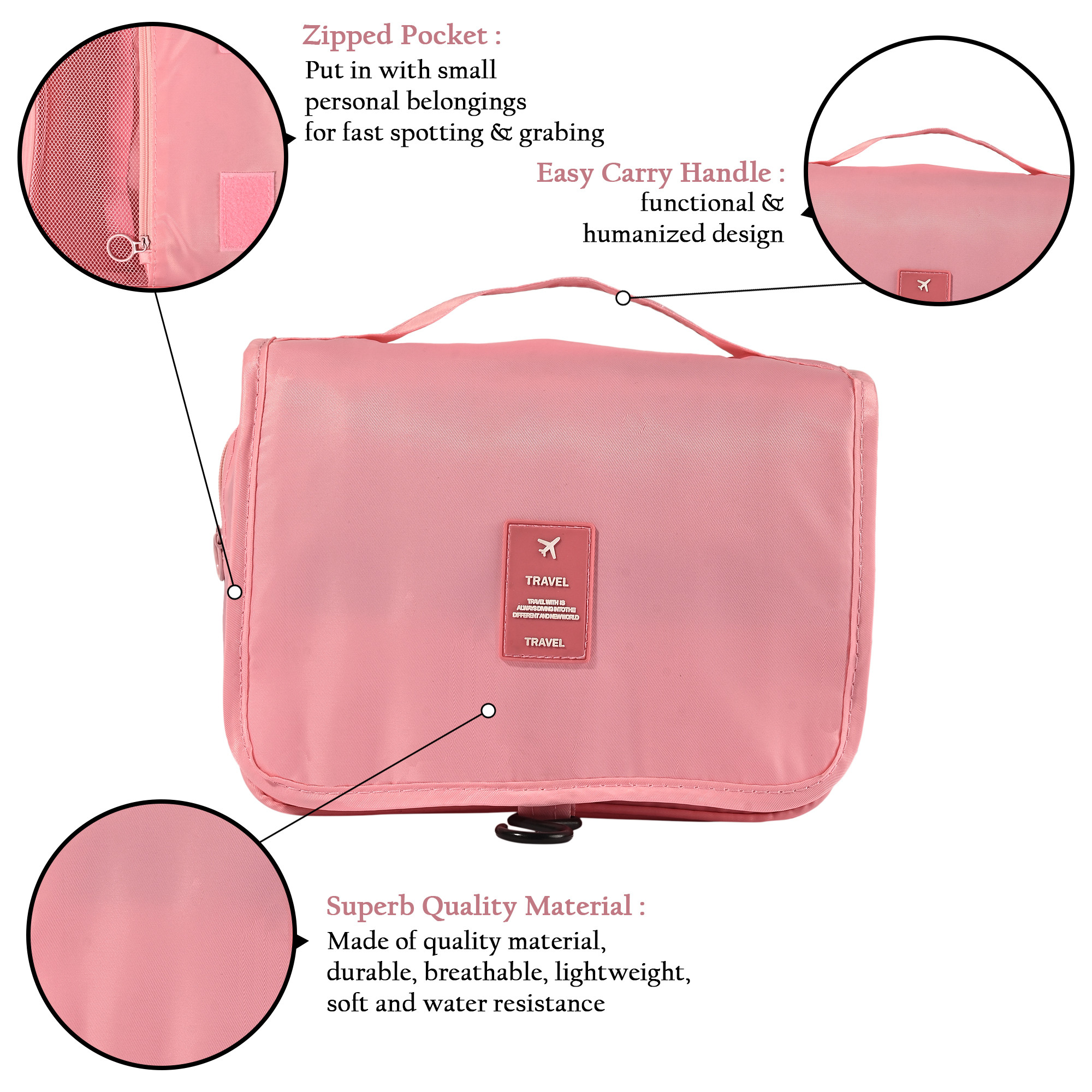 Kuber Industries Polyester Waterproof Multi-Compartment Toiletry Pouch for Men  Women with Sturdy Hook Zip Back Pocket  Handle  Foldable Cosmetic Bags for Women  YJ-30-PNK  Pink