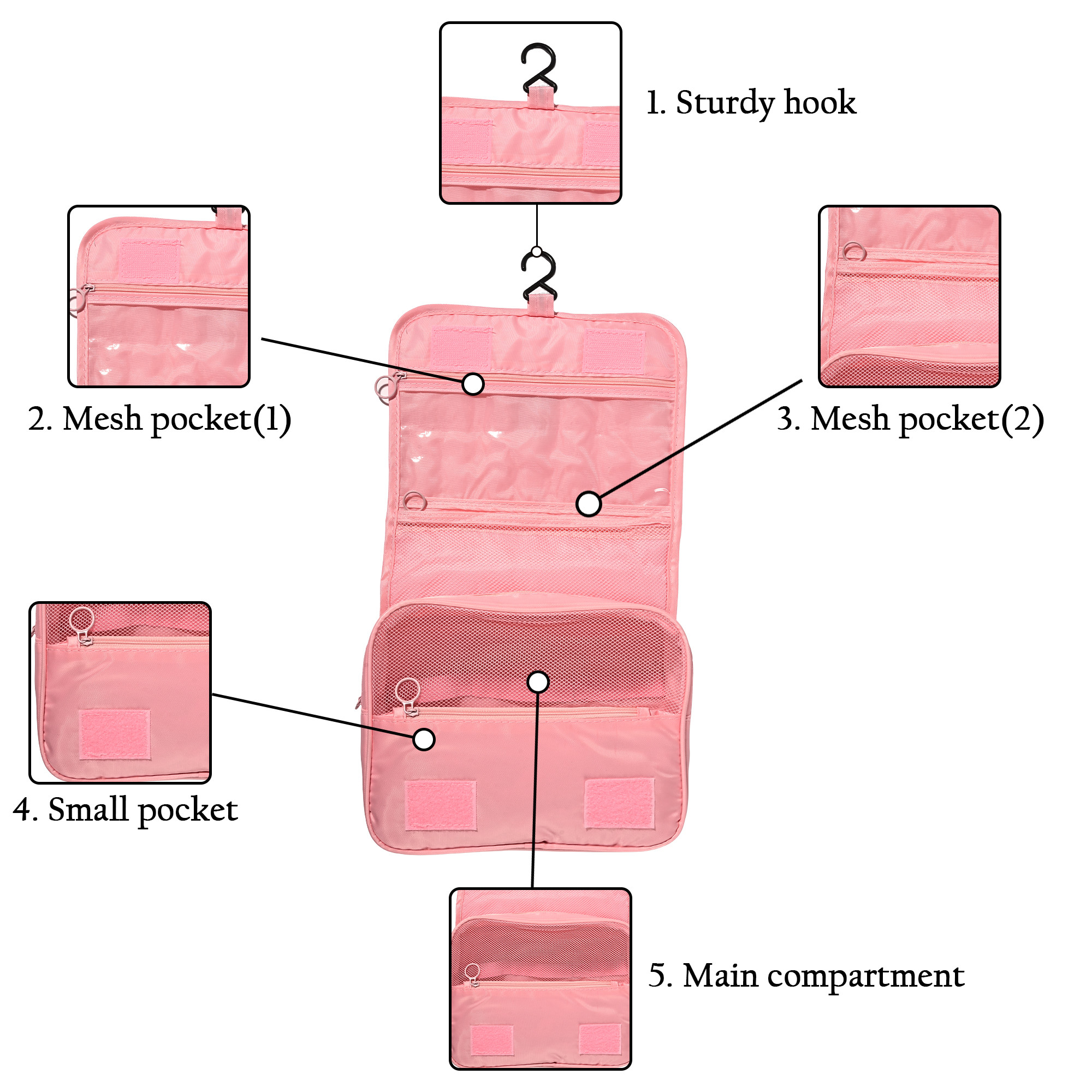 Kuber Industries Polyester Waterproof Multi-Compartment Toiletry Pouch for Men  Women with Sturdy Hook Zip Back Pocket  Handle  Foldable Cosmetic Bags for Women  YJ-30-PNK  Pink