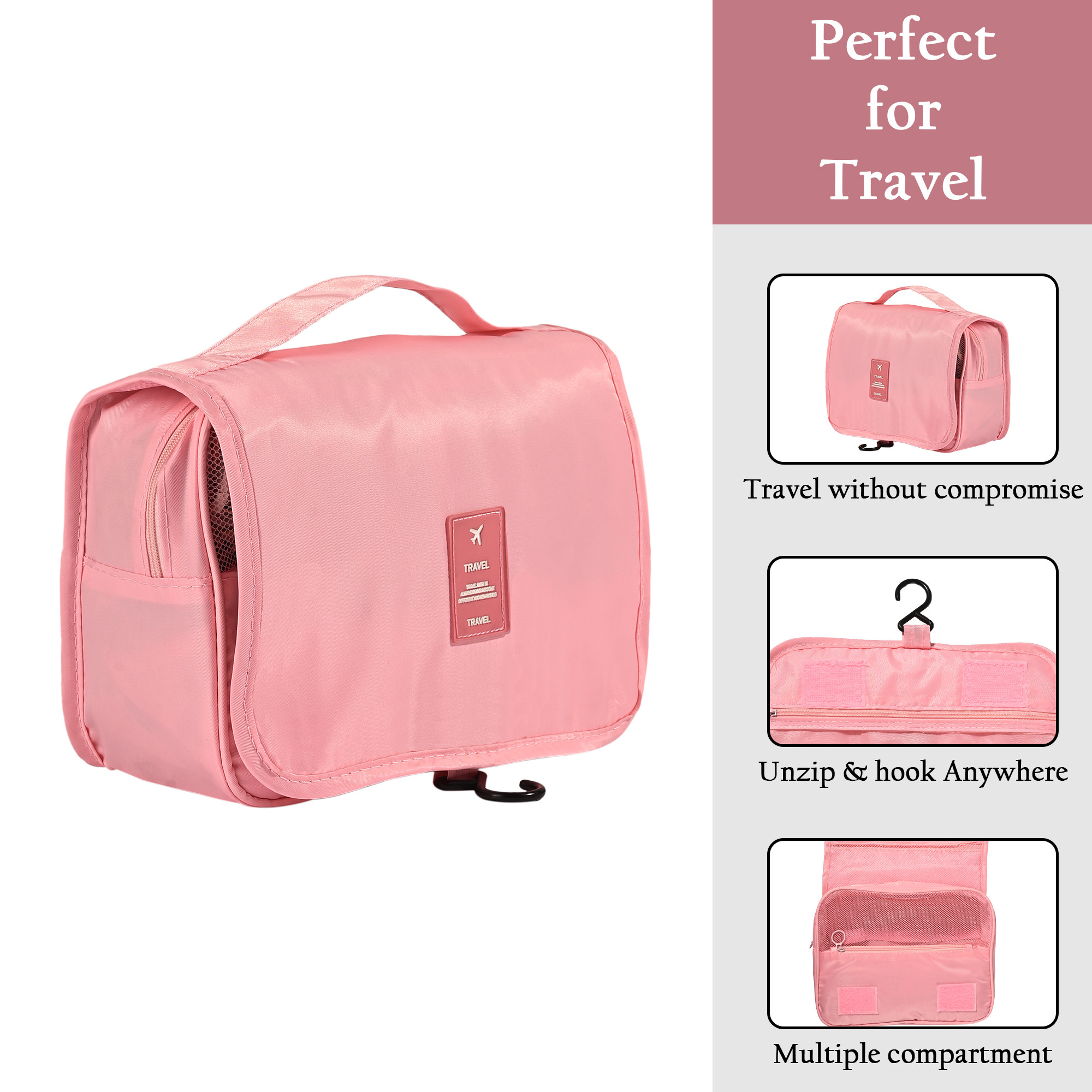 Kuber Industries Polyester Waterproof Multi-Compartment Toiletry Pouch for Men  Women with Sturdy Hook Zip Back Pocket  Handle  Foldable Cosmetic Bags for Women  YJ-30-PNK  Pink