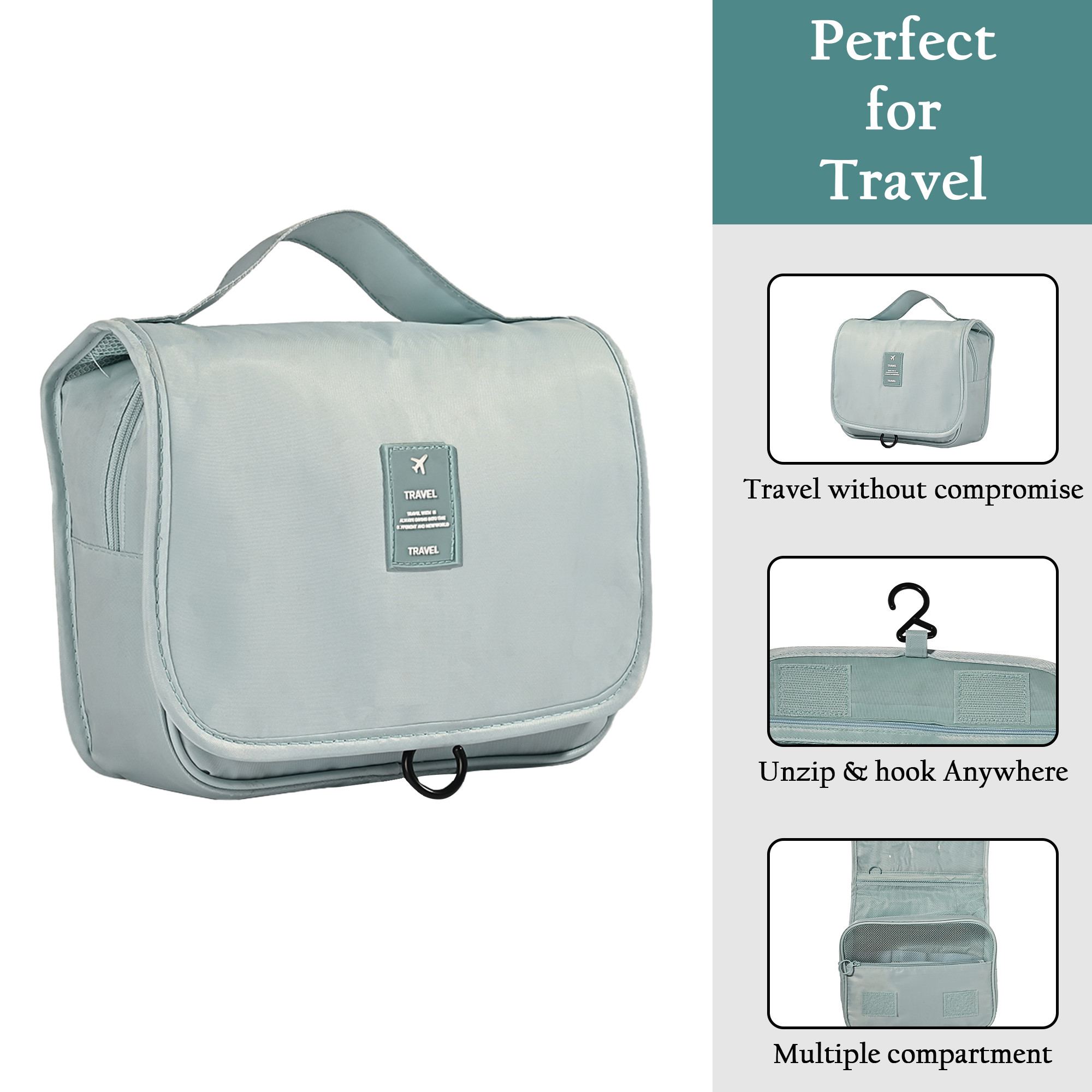 Kuber Industries Polyester Waterproof Multi-Compartment Toiletry Pouch for Men  Women with Sturdy Hook Zip Back Pocket  Handle  Foldable Cosmetic Bags for Women  YJ-30-BLU  Blue