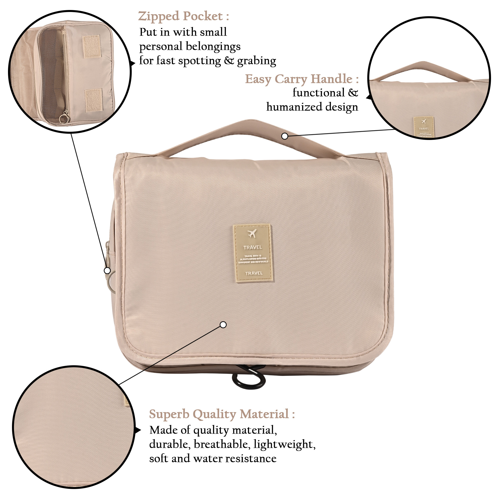 Kuber Industries Polyester Waterproof Multi-Compartment Toiletry Pouch for Men  Women with Sturdy Hook Zip Back Pocket  Handle  Foldable Cosmetic Bags for Women  YJ-30-BG  Beige