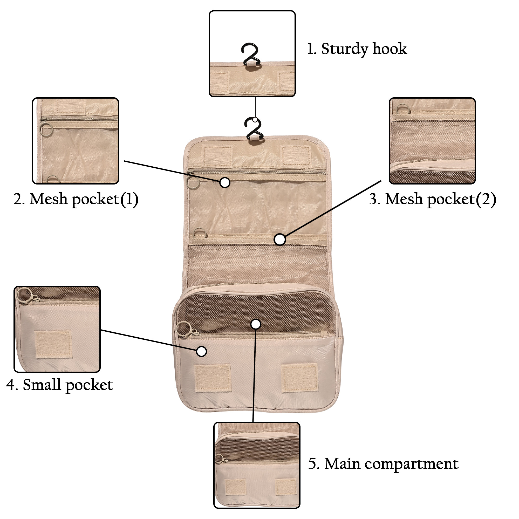 Kuber Industries Polyester Waterproof Multi-Compartment Toiletry Pouch for Men  Women with Sturdy Hook Zip Back Pocket  Handle  Foldable Cosmetic Bags for Women  YJ-30-BG  Beige