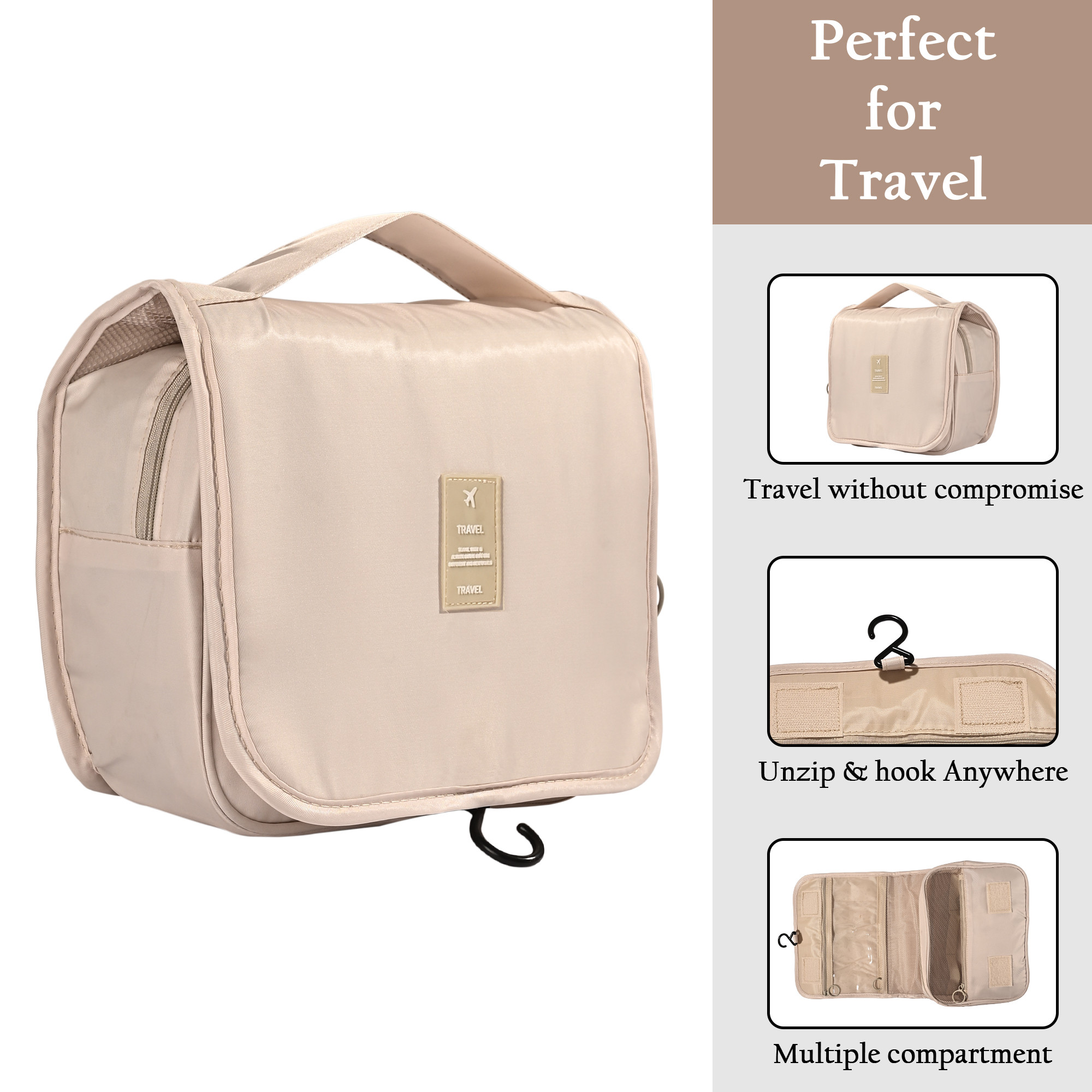 Kuber Industries Polyester Waterproof Multi-Compartment Toiletry Pouch for Men  Women with Sturdy Hook Zip Back Pocket  Handle  Foldable Cosmetic Bags for Women  YJ-30-BG  Beige
