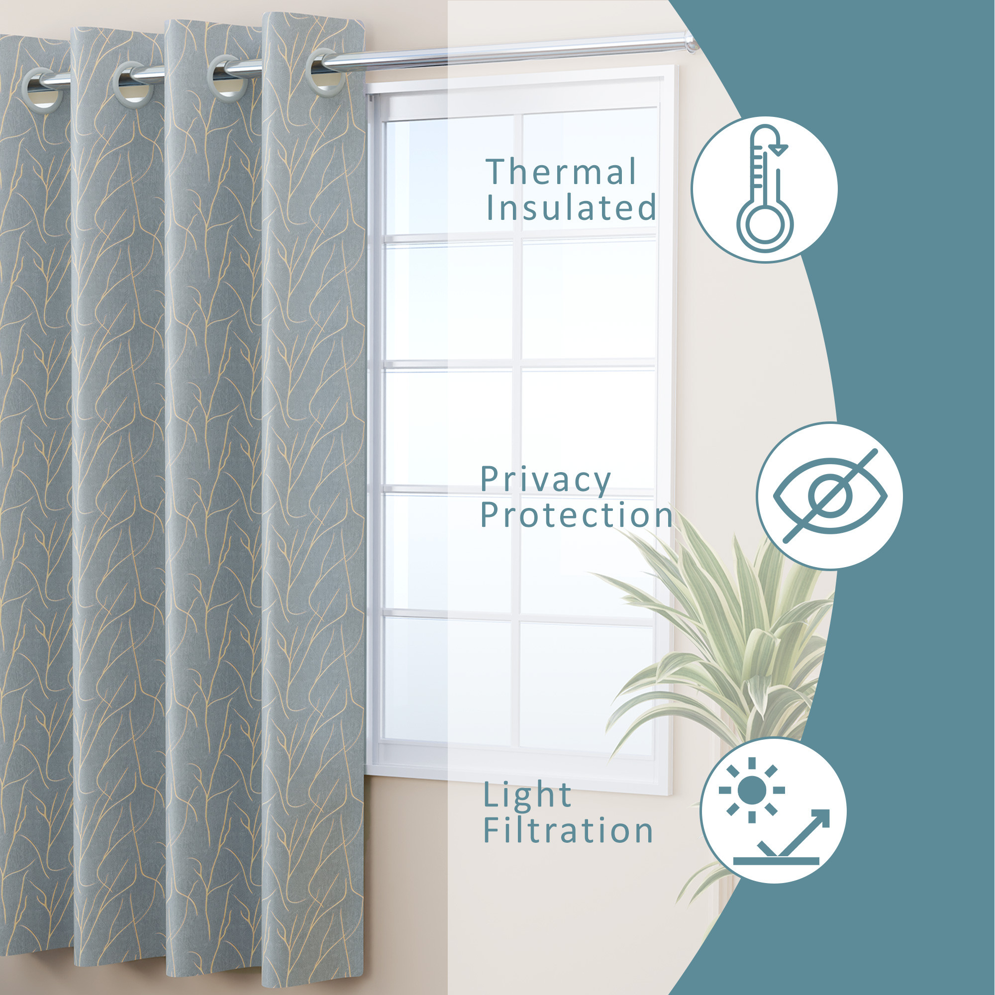 Kuber Industries Polyester Window Curtain 5 Feet with 8 Grommets  Soft  Fade-Resistant Home Decor Light Filtering Curtain for Living Room and Bedroom Windows  Digital Branches - Grey Golden