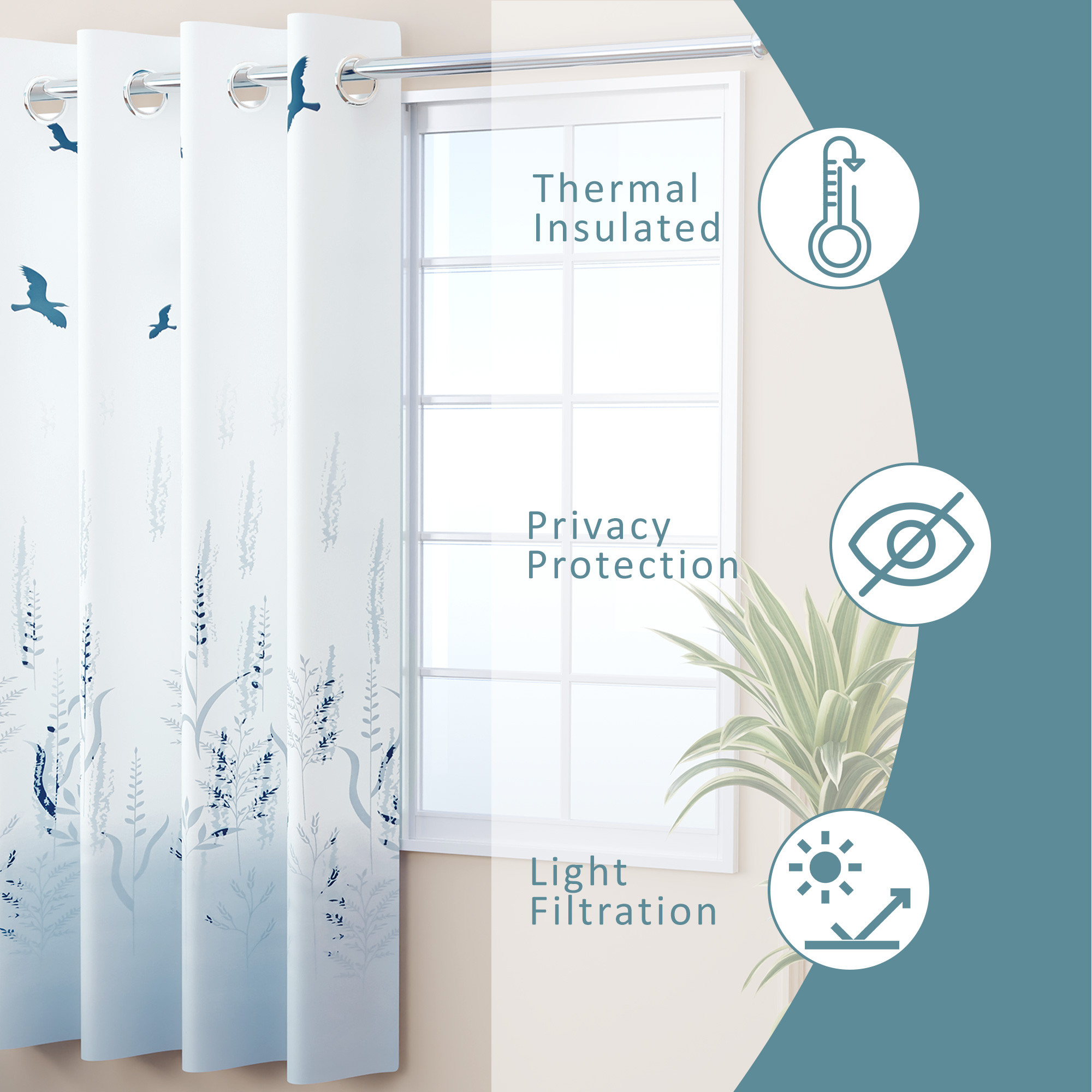 Kuber Industries Polyester Window Curtain 5 Feet with 8 Grommets  Soft  Fade-Resistant Home Decor Light Filtering Curtain for Living Room and Bedroom Windows  Digital Birds - White  Grey