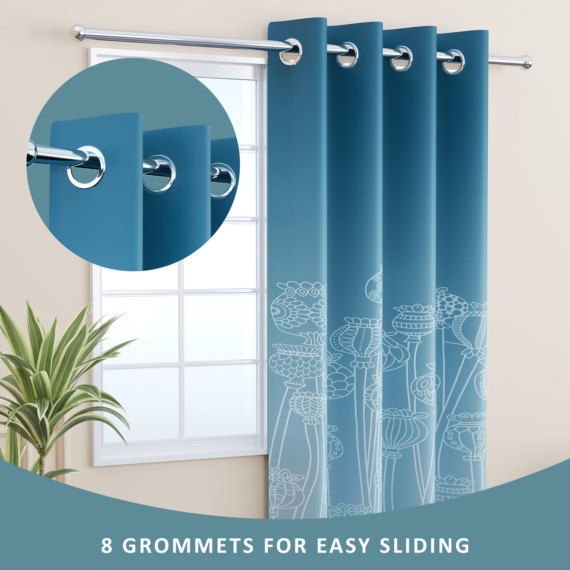 Kuber Industries Polyester Window Curtain 5 Feet with 8 Grommets  Soft  Fade-Resistant Home Decor Light Filtering Curtain for Living Room and Bedroom Windows  Digital Matki Flower - Blue