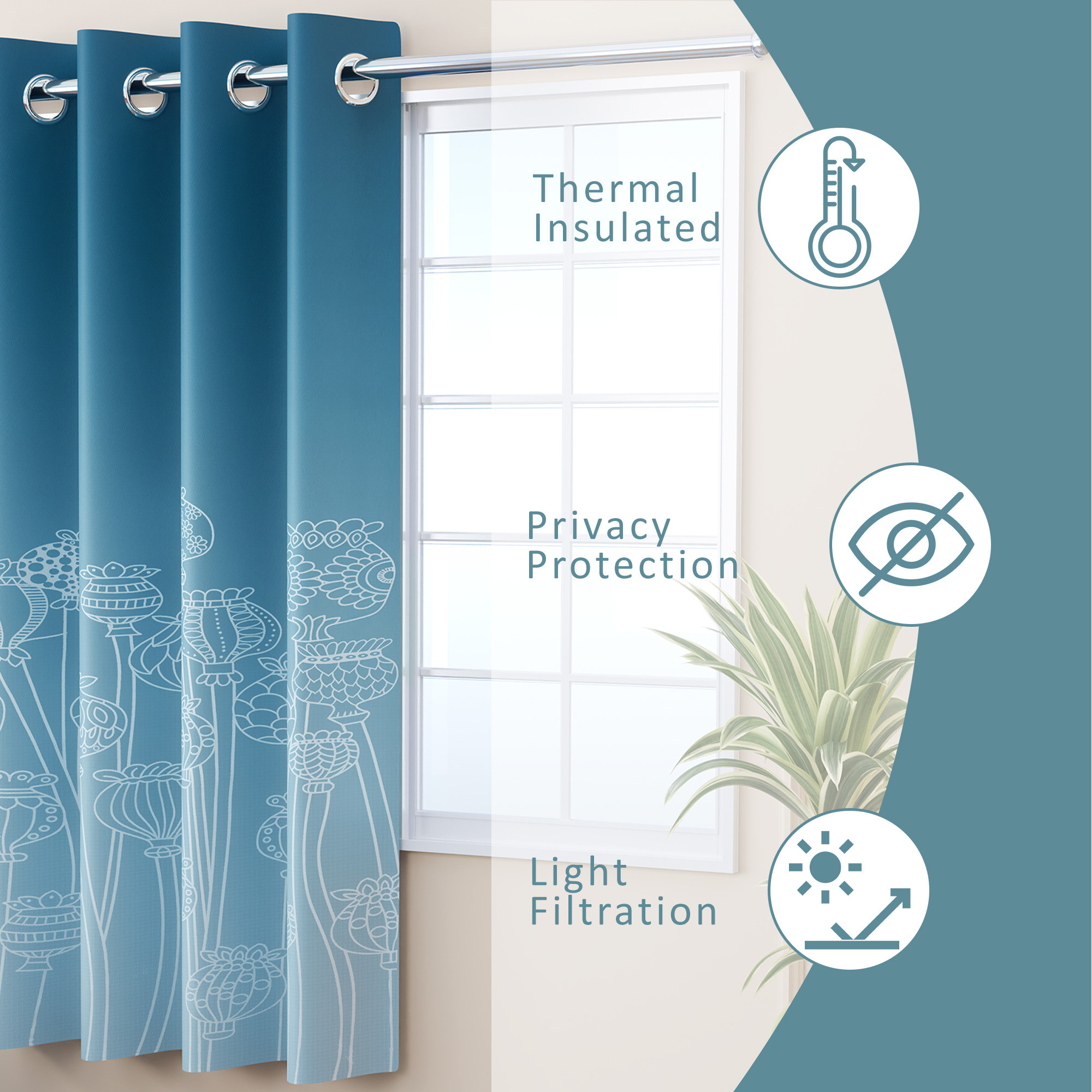 Kuber Industries Polyester Window Curtain 5 Feet with 8 Grommets  Soft  Fade-Resistant Home Decor Light Filtering Curtain for Living Room and Bedroom Windows  Digital Matki Flower - Blue