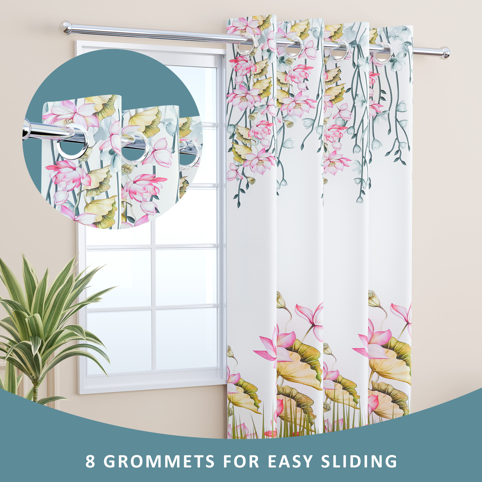 Kuber Industries Polyester Window Curtain 5 Feet with 8 Grommets  Soft  Fade-Resistant Home Decor Light Filtering Curtain for Living Room and Bedroom Windows  Digital Lotus Flower - White