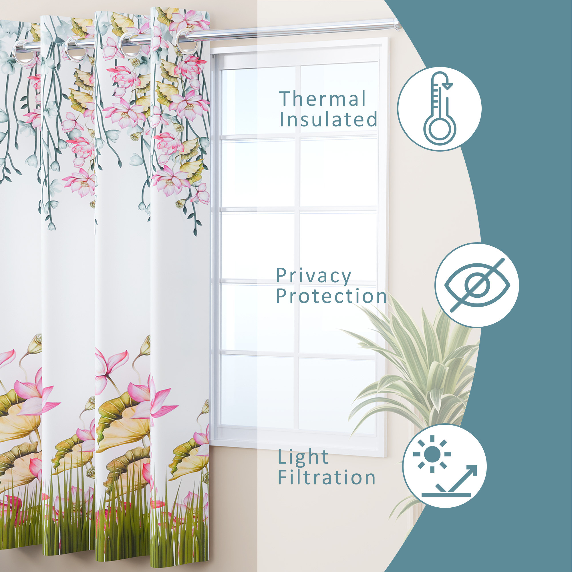 Kuber Industries Polyester Window Curtain 5 Feet with 8 Grommets  Soft  Fade-Resistant Home Decor Light Filtering Curtain for Living Room and Bedroom Windows  Digital Lotus Flower - White