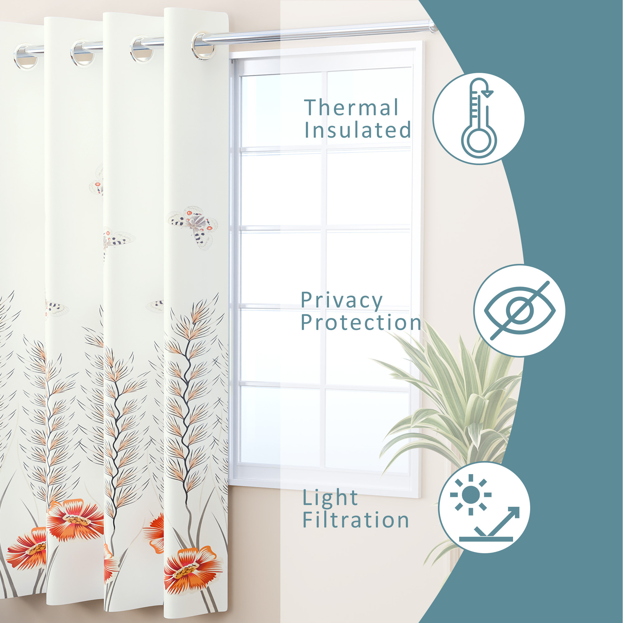 Kuber Industries Polyester Window Curtain 5 Feet with 8 Grommets  Soft  Fade-Resistant Home Decor Light Filtering Curtain for Living Room and Bedroom Windows  Digital Butterfly - White
