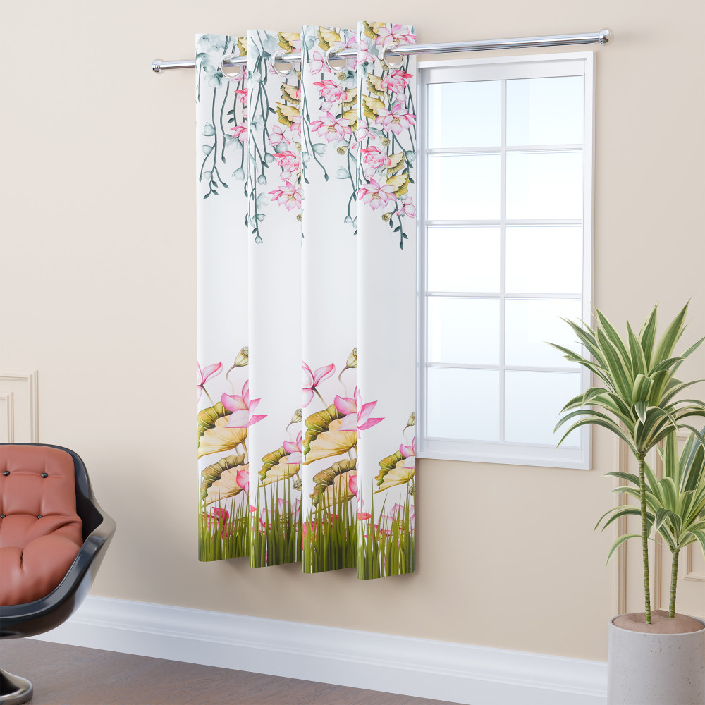 Image of Polyester Window Curtain 5 Feet with 8 Grommets | Soft &amp; Fade-Resistant Home Decor Light Filtering Curtain for Living Room and Bedroom Windows | Digital Lotus Flower - White