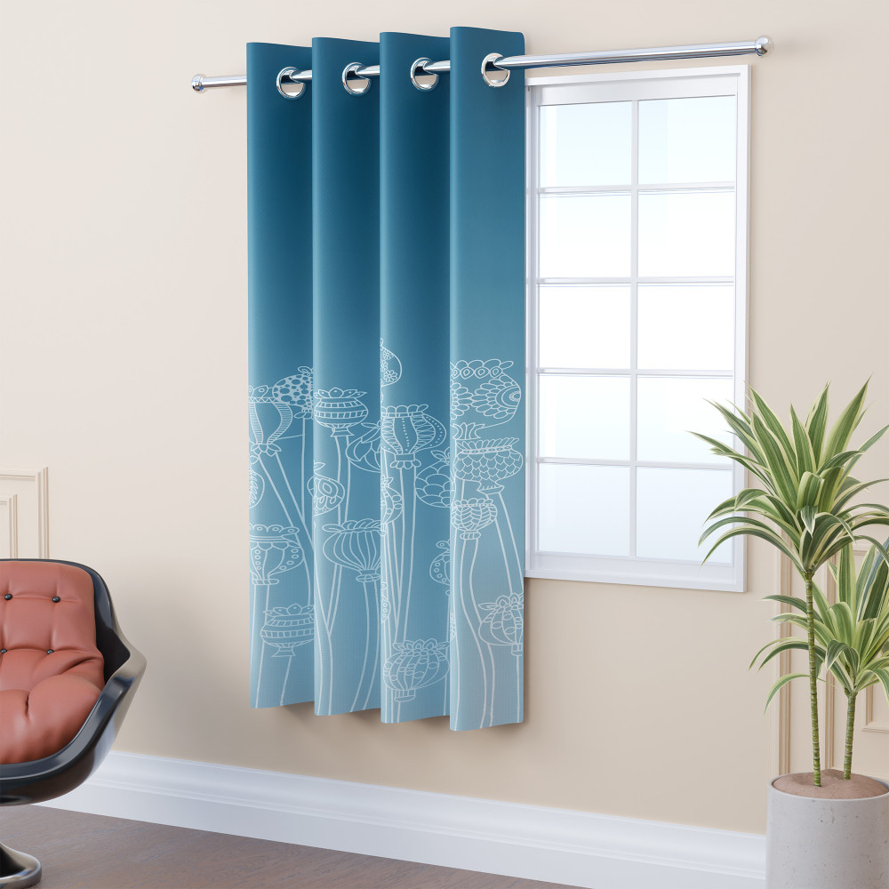 Image of Polyester Window Curtain 5 Feet with 8 Grommets | Soft &amp; Fade-Resistant Home Decor Light Filtering Curtain for Living Room and Bedroom Windows | Digital Matki Flower - Blue
