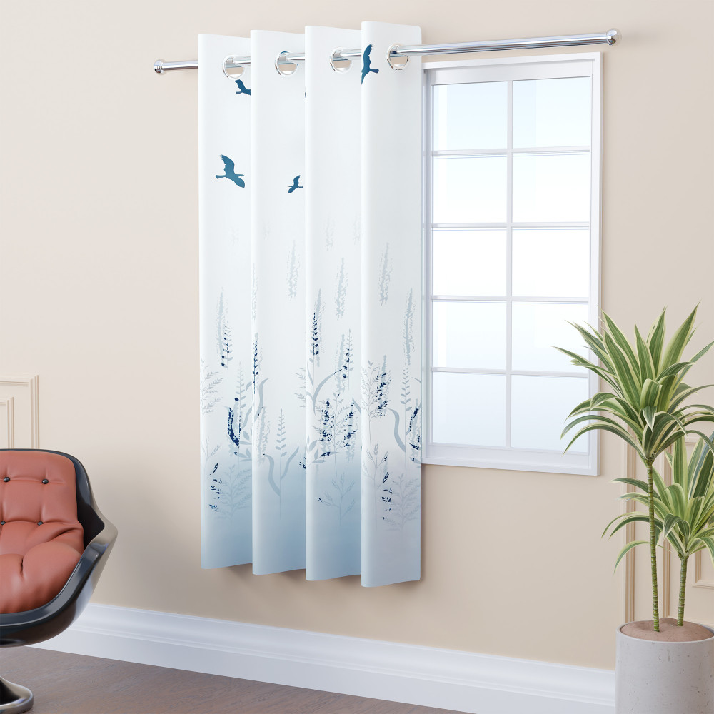 Image of Polyester Window Curtain 5 Feet with 8 Grommets | Soft & Fade-Resistant Home Decor Light Filtering Curtain for Living Room and Bedroom Windows | Digital Birds - White & Grey
