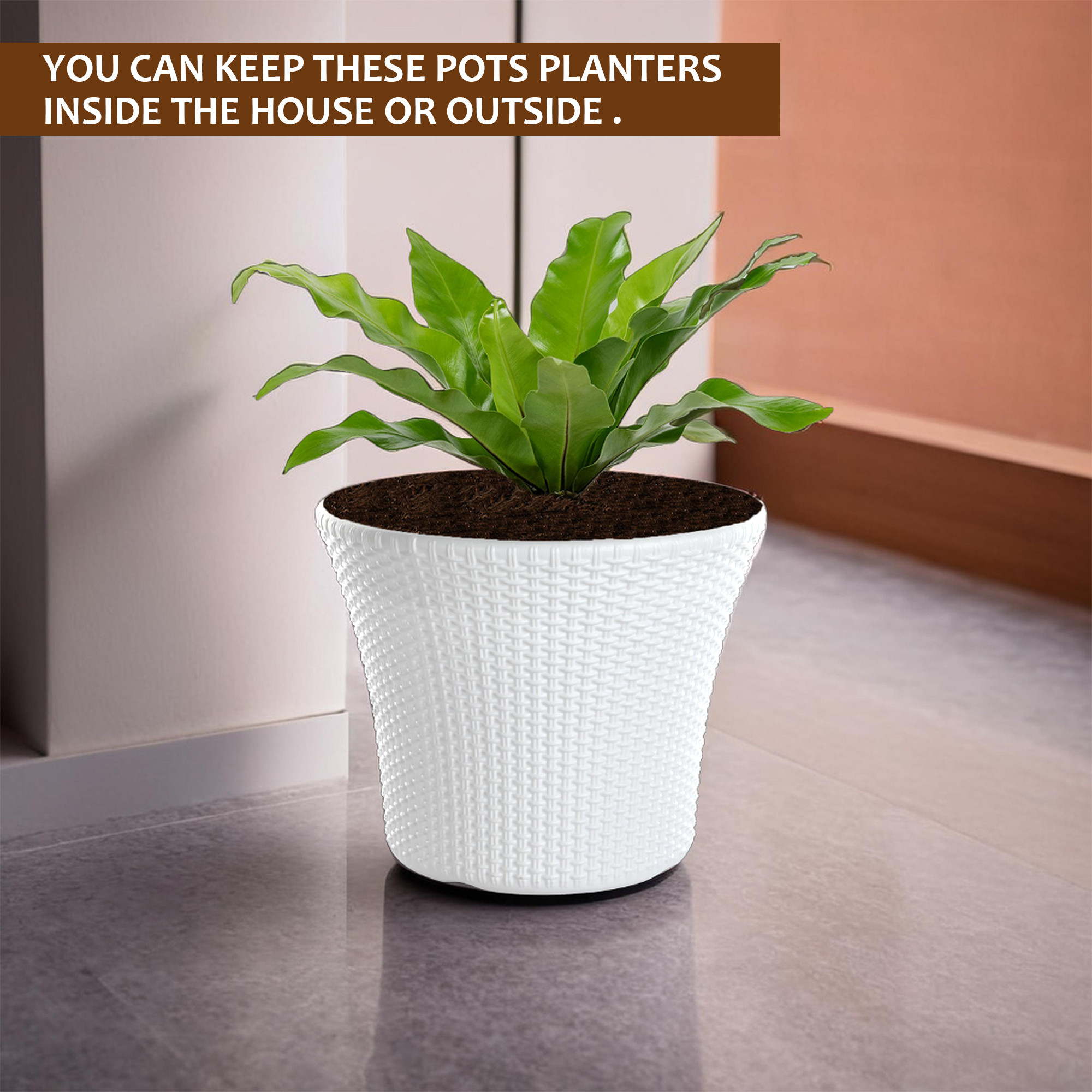 Kuber Industries Polyfiber 10 Inch Pots for Plants Balcony  Outdoor Flower Pots for Garden  Planters for Home Decor and Office  Indoor Terrace Gamla for Plants  White