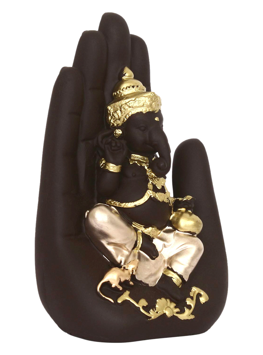 Kuber Industries Polyresin Handcrafted Palm Ganesha Idol Showpiece for Home Decor (Brown)