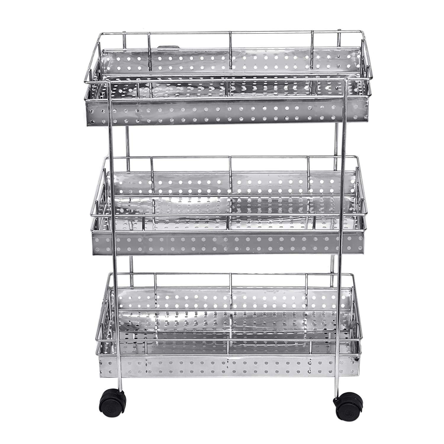 Kuber Industries Popular 3 Layer Stainless Steel Multipurpose Storage Rack Shelf Kitchen Rack With Wheels Silver