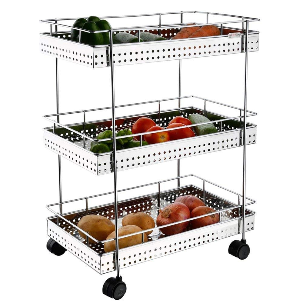 Kuber Industries Popular 3-Layer Stainless Steel Multipurpose Storage Rack/Shelf, Kitchen Rack With Wheels (Silver)