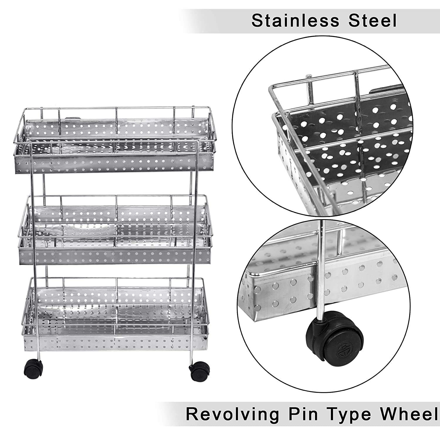 Kuber Industries Popular 3-Layer Stainless Steel Multipurpose Storage Rack/Shelf, Kitchen Rack With Wheels (Silver)