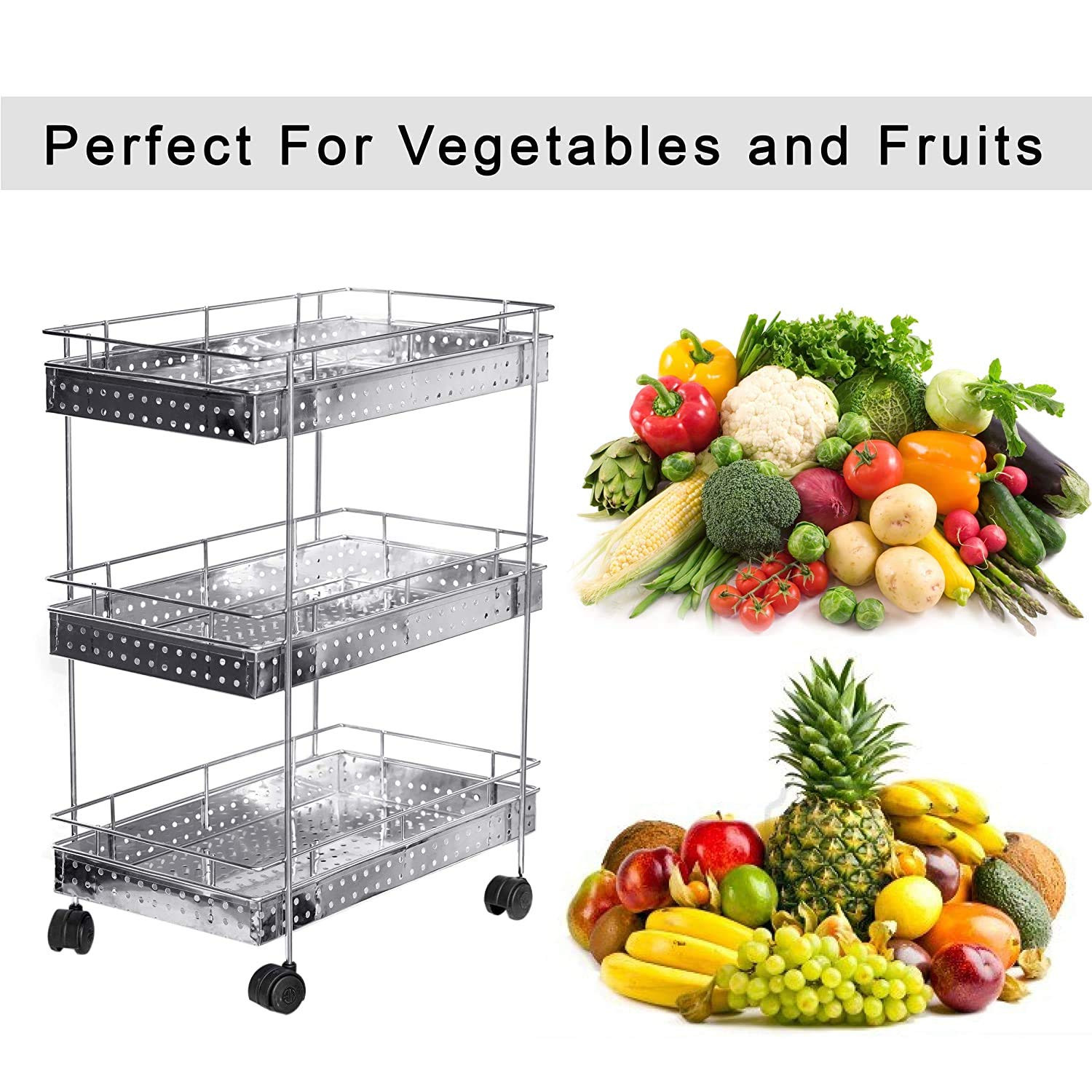 Kuber Industries Popular 3-Layer Stainless Steel Multipurpose Storage Rack/Shelf, Kitchen Rack With Wheels (Silver)