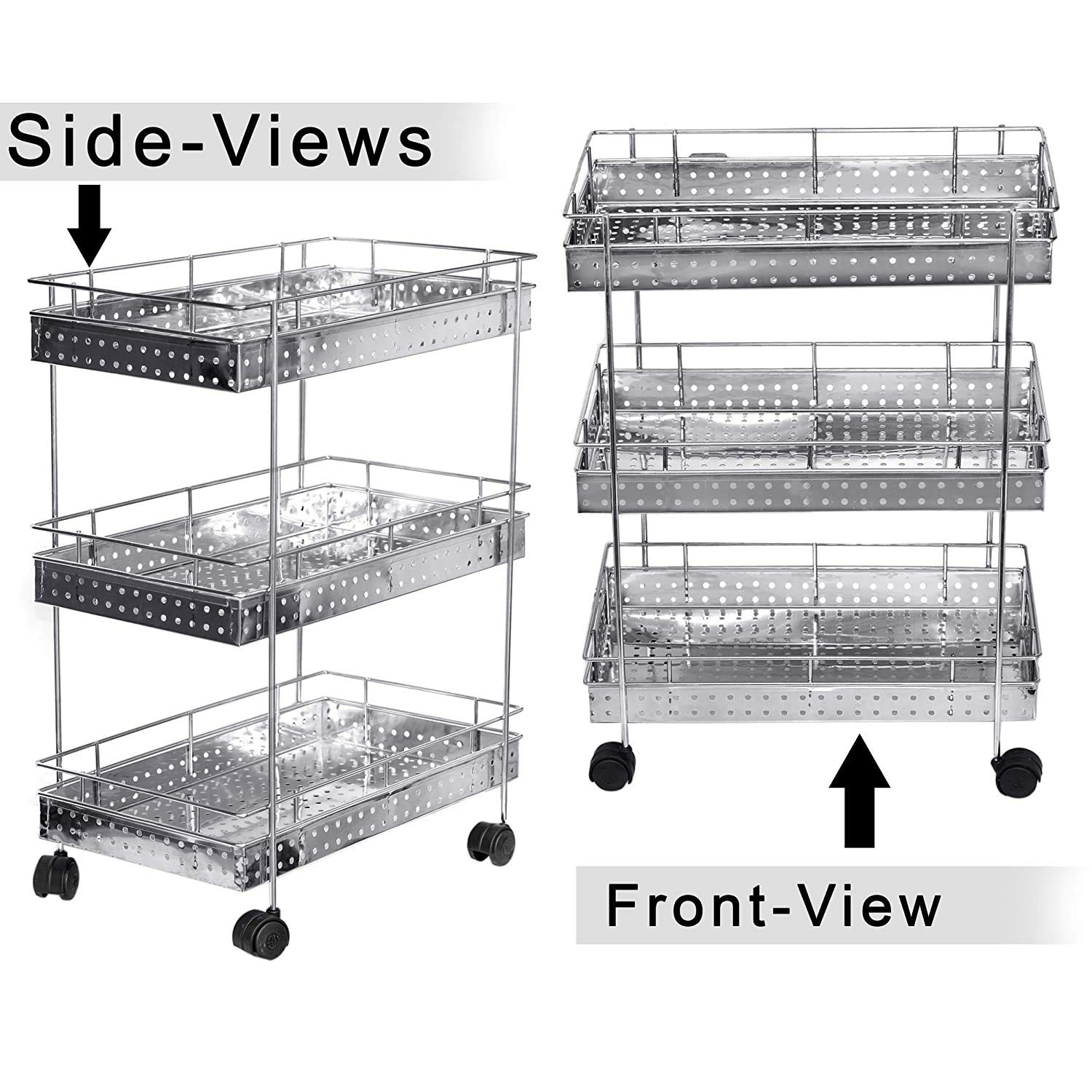 Kuber Industries Popular 3-Layer Stainless Steel Multipurpose Storage Rack/Shelf, Kitchen Rack With Wheels (Silver)