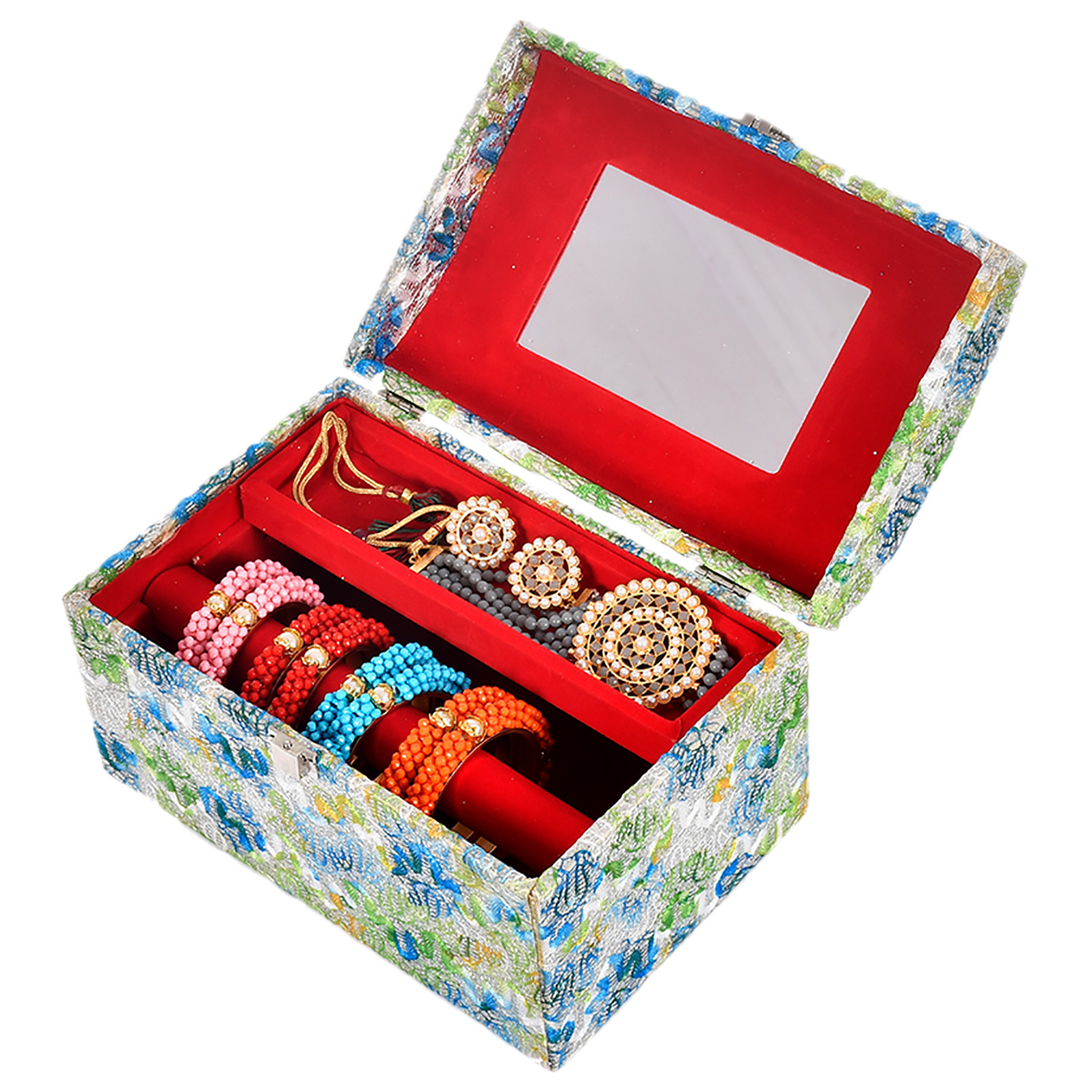Kuber Industries Poratble: Compact Designer Wooden Makeup/Jewllery/Travel Toiletry Box For Women With Mirror (Multicolor)-45KM057