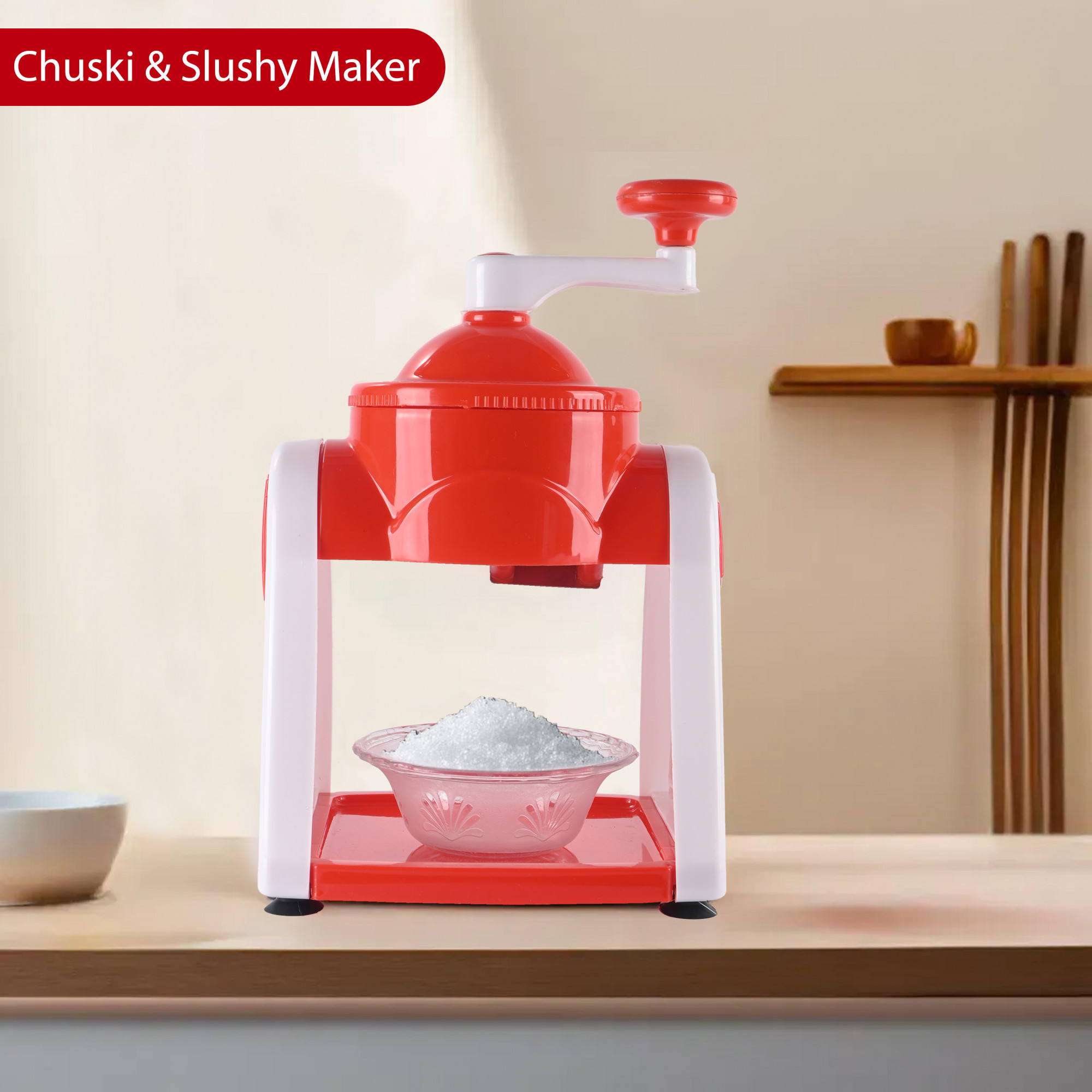 Kuber Industries Portable Ice Crusher Machine for Home with 3 Bowl 6 Sticks 1 Glass  Dish  Easy-to-Use Chuski  Slushy Maker  Counter-Top Ice Gola Machine for Summer Delights  White  Red