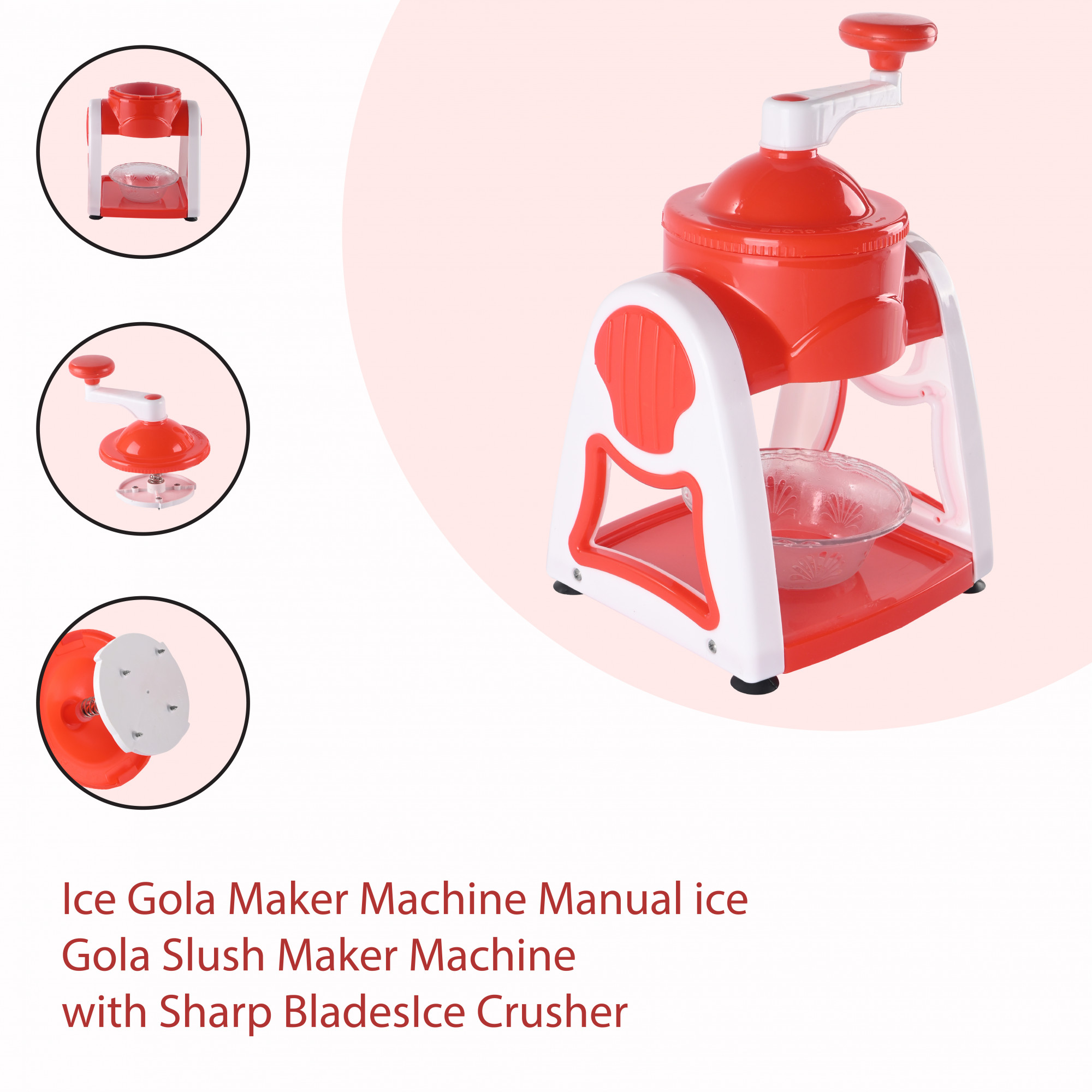 Kuber Industries Portable Ice Crusher Machine for Home with 3 Bowl 6 Sticks 1 Glass  Dish  Easy-to-Use Chuski  Slushy Maker  Counter-Top Ice Gola Machine for Summer Delights  White  Red