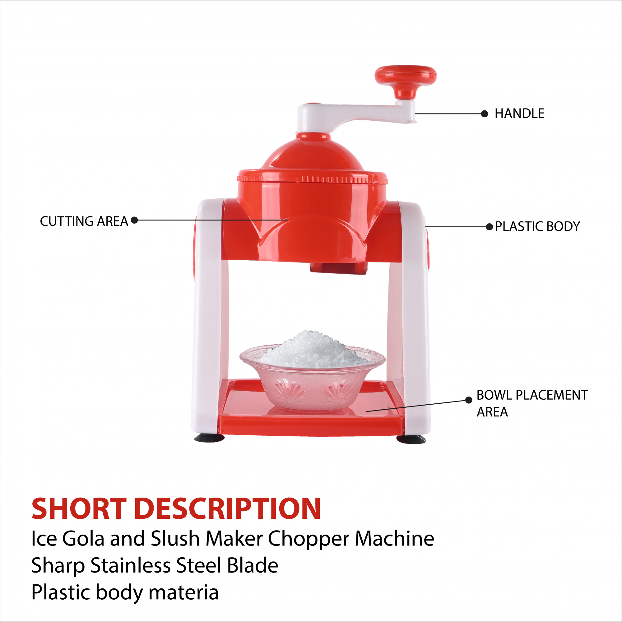 Kuber Industries Portable Ice Crusher Machine for Home with 3 Bowl 6 Sticks 1 Glass  Dish  Easy-to-Use Chuski  Slushy Maker  Counter-Top Ice Gola Machine for Summer Delights  White  Red