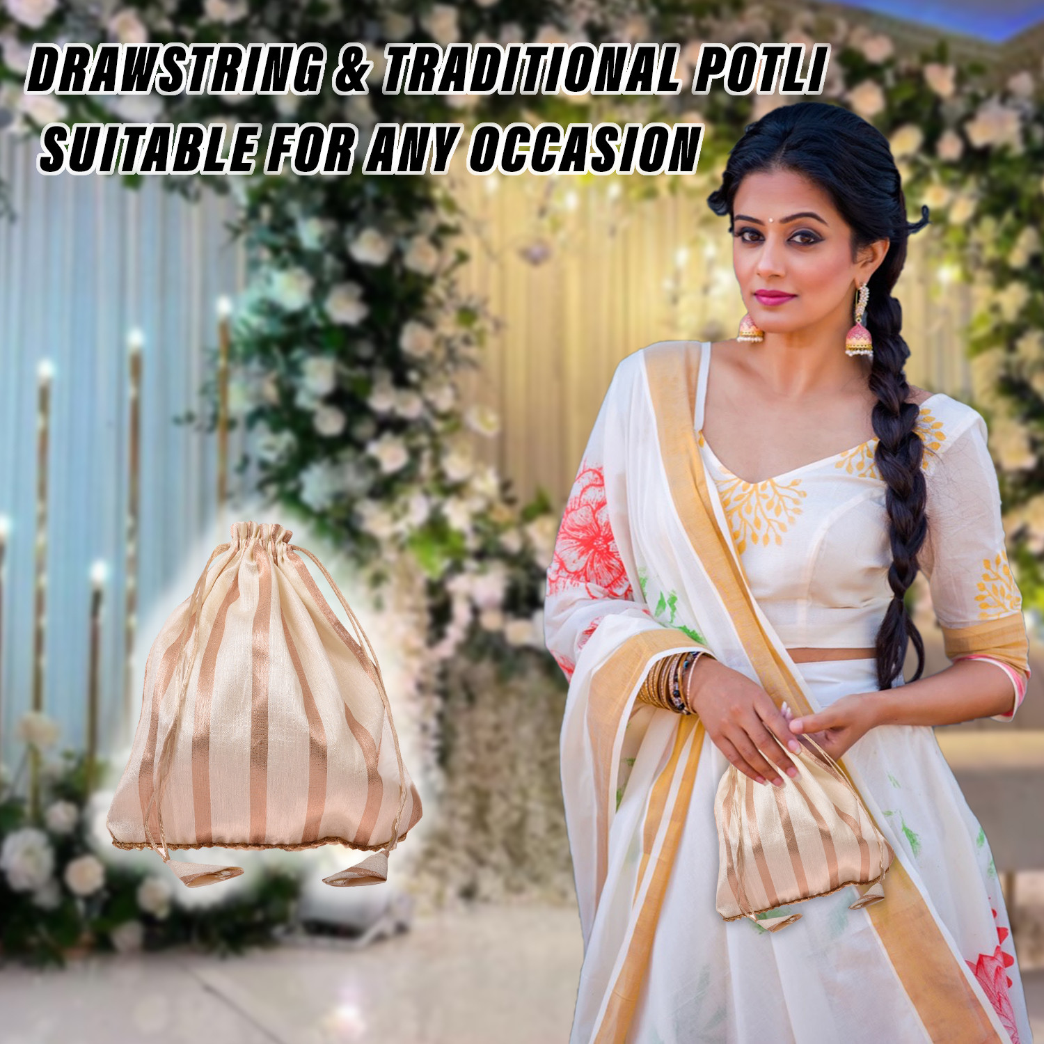 Kuber Industries Potli | Banarasi Silk with White Golden Line | Wallet Potli | Traditional Indian Drawstring Bags for Wedding | Shagun| Cream